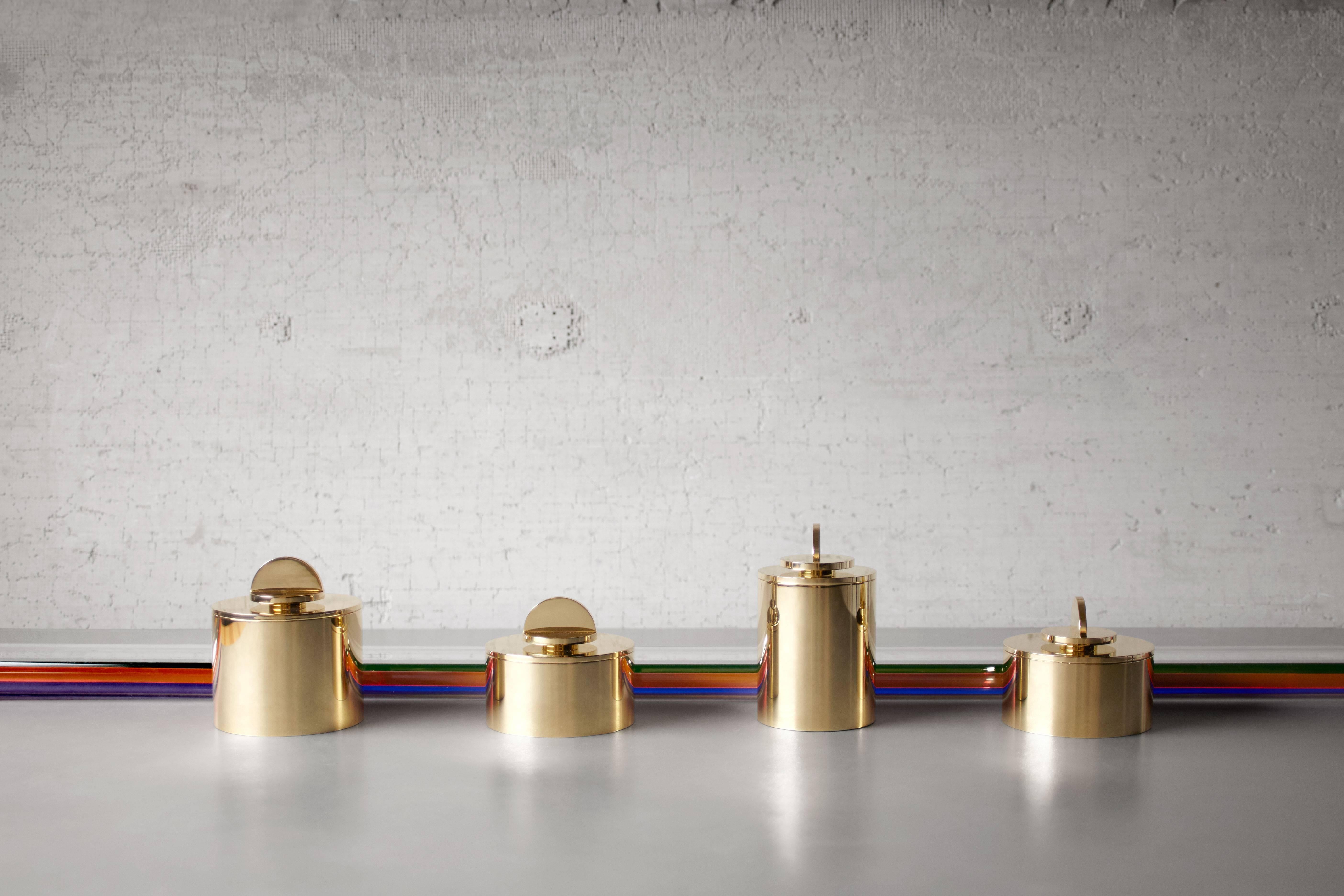 Turned Contemporary Round Solid Swedish Brass Modern Minimalist Artisan Box For Sale