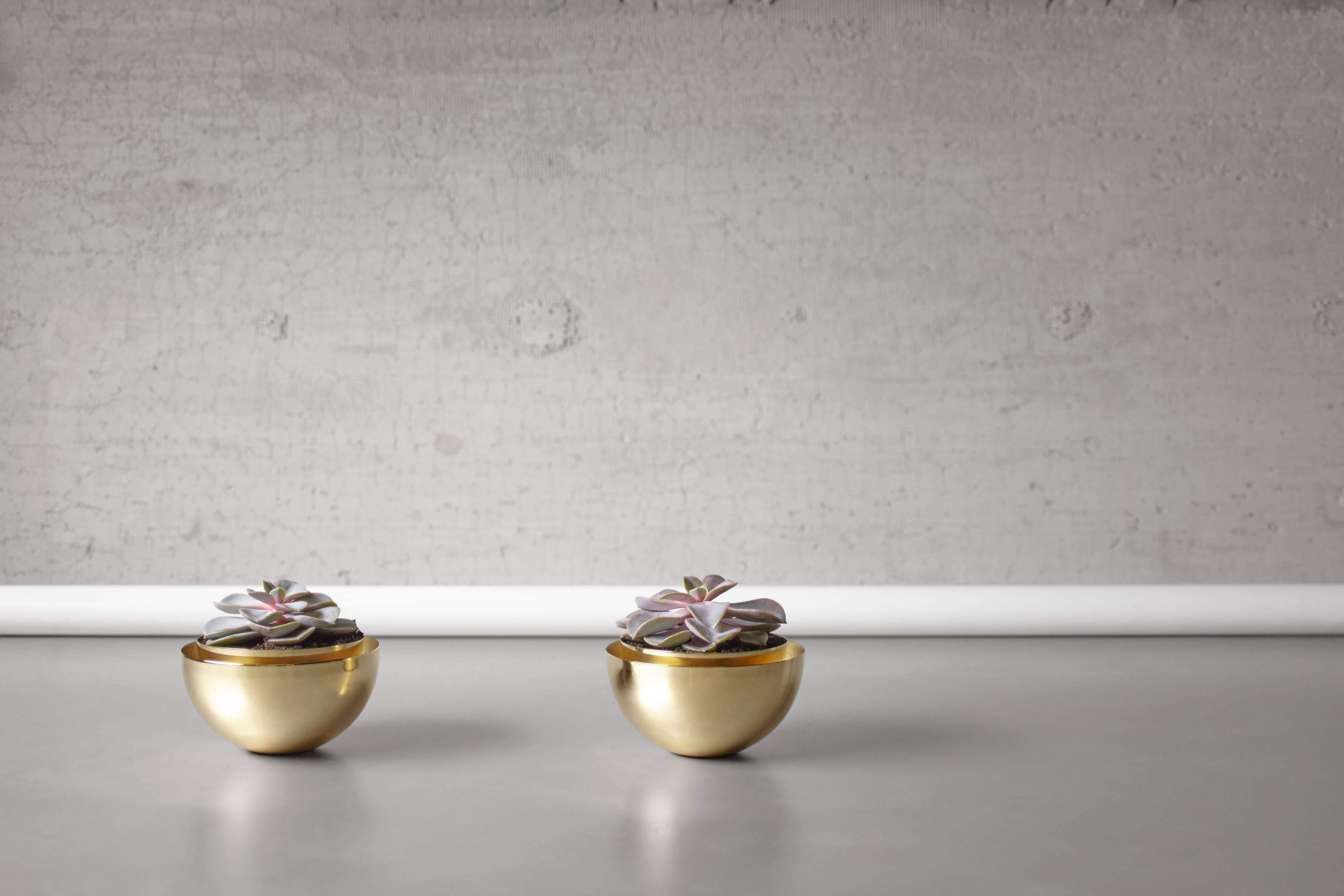 Spun Contemporary Round Swedish Brass Modern Minimalist Artisan Planter, Vase, Vessel For Sale