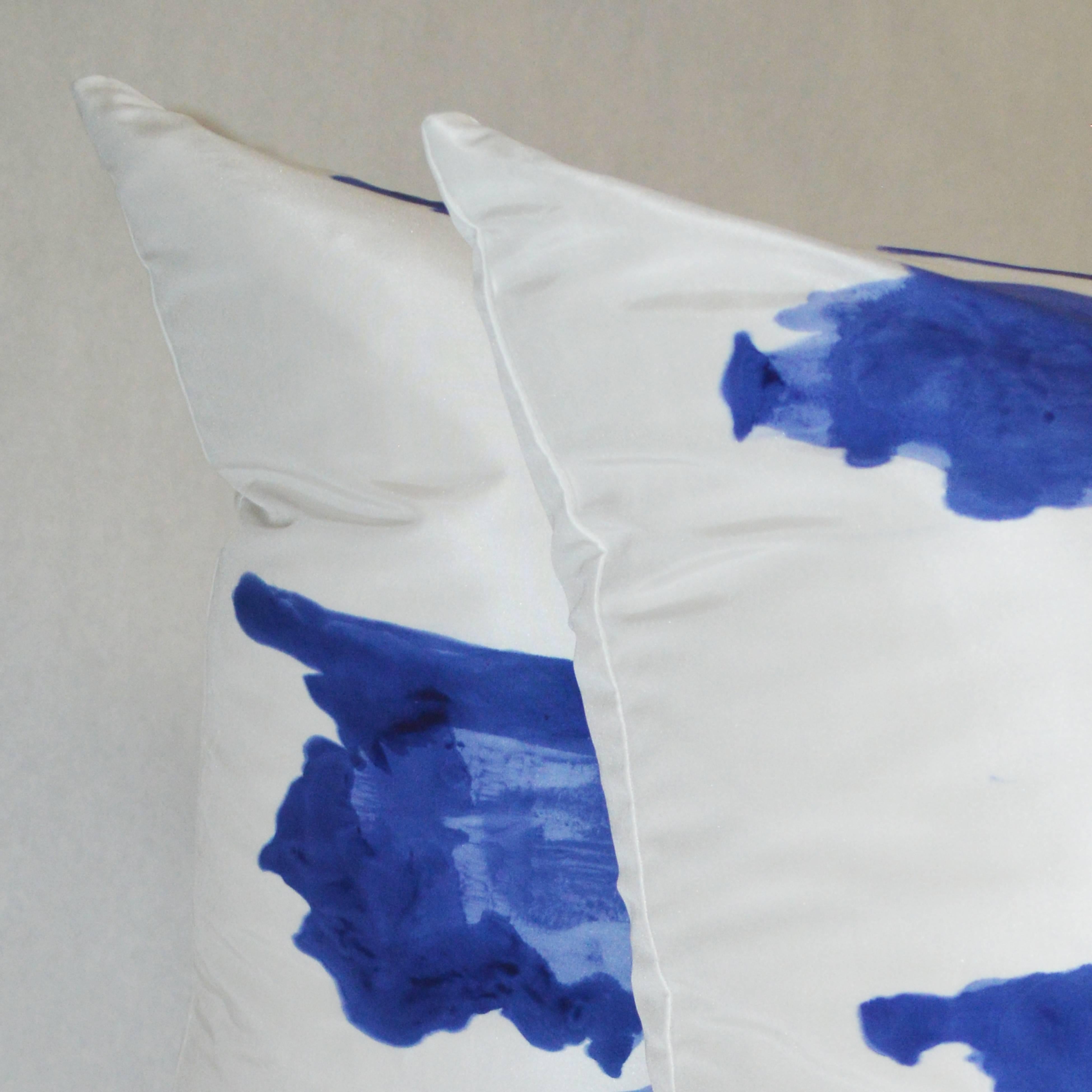 Hand-Painted Unique Contemporary Double Sided Ink Blot in Ultramarine Handmade Silk Pillow For Sale