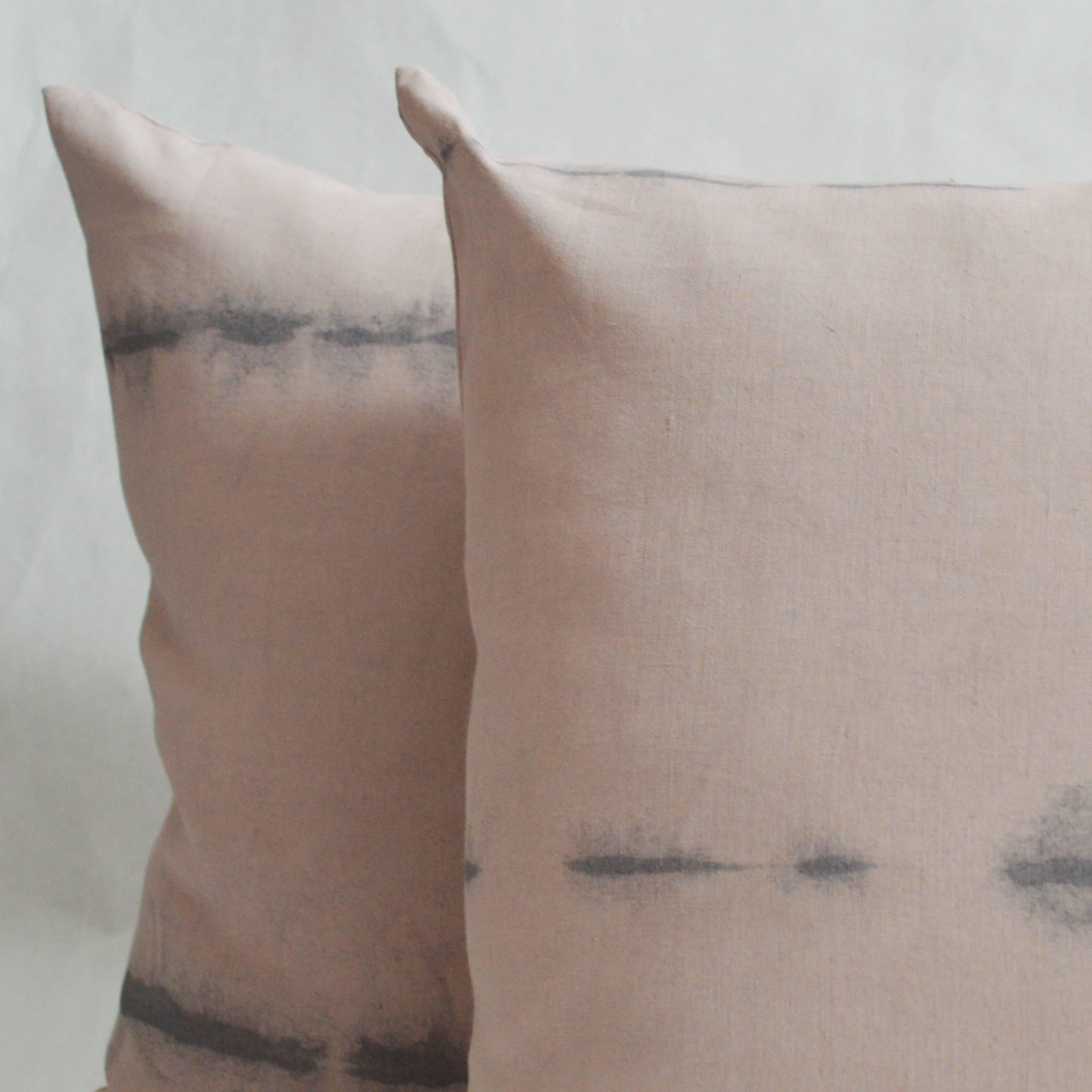 American Unique Contemporary Double-Sided Stitch in Pink Mauve Handmade Linen Pillow For Sale