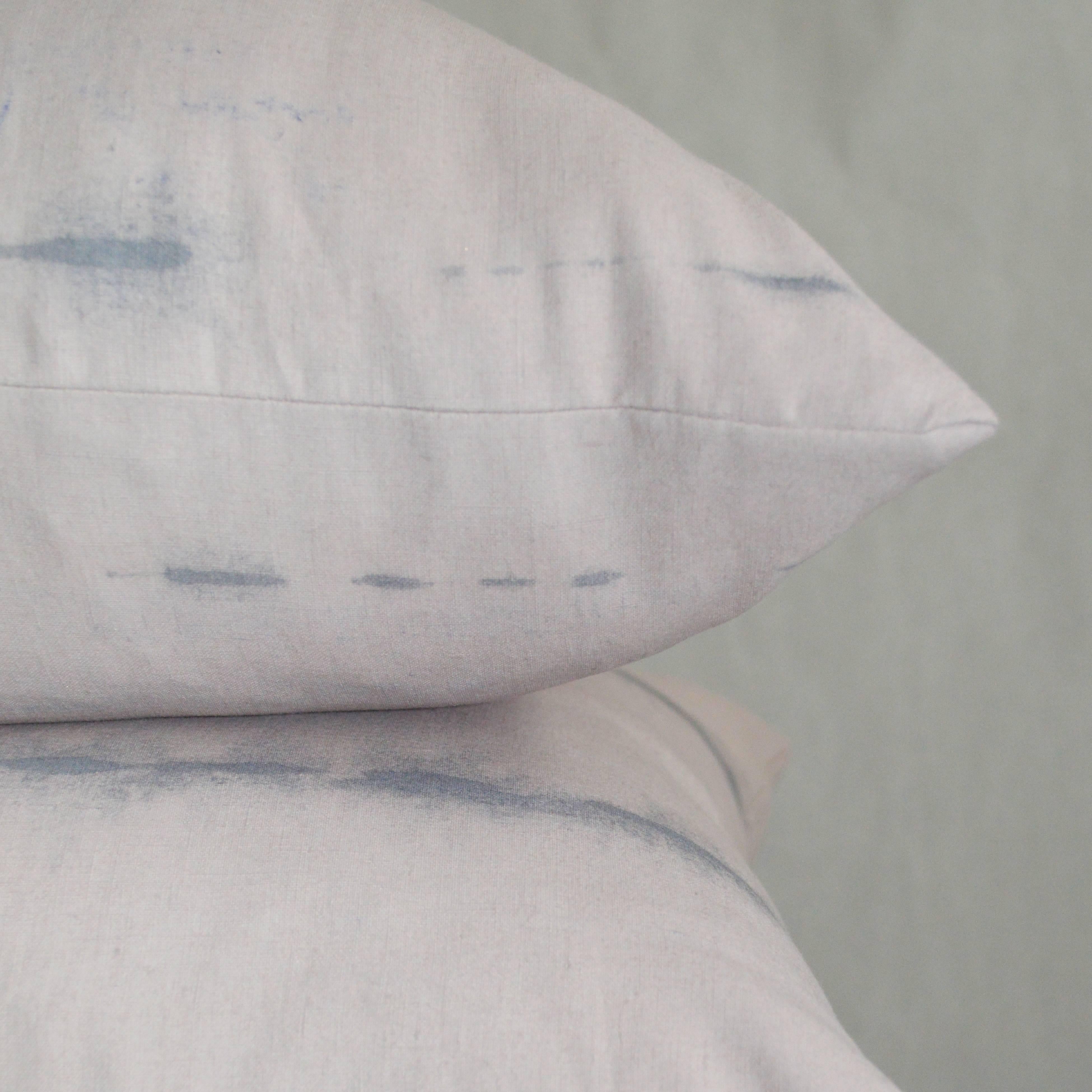 Hand-Painted Unique Contemporary Double-Sided Stitch in Pink Mauve Handmade Linen Pillow For Sale