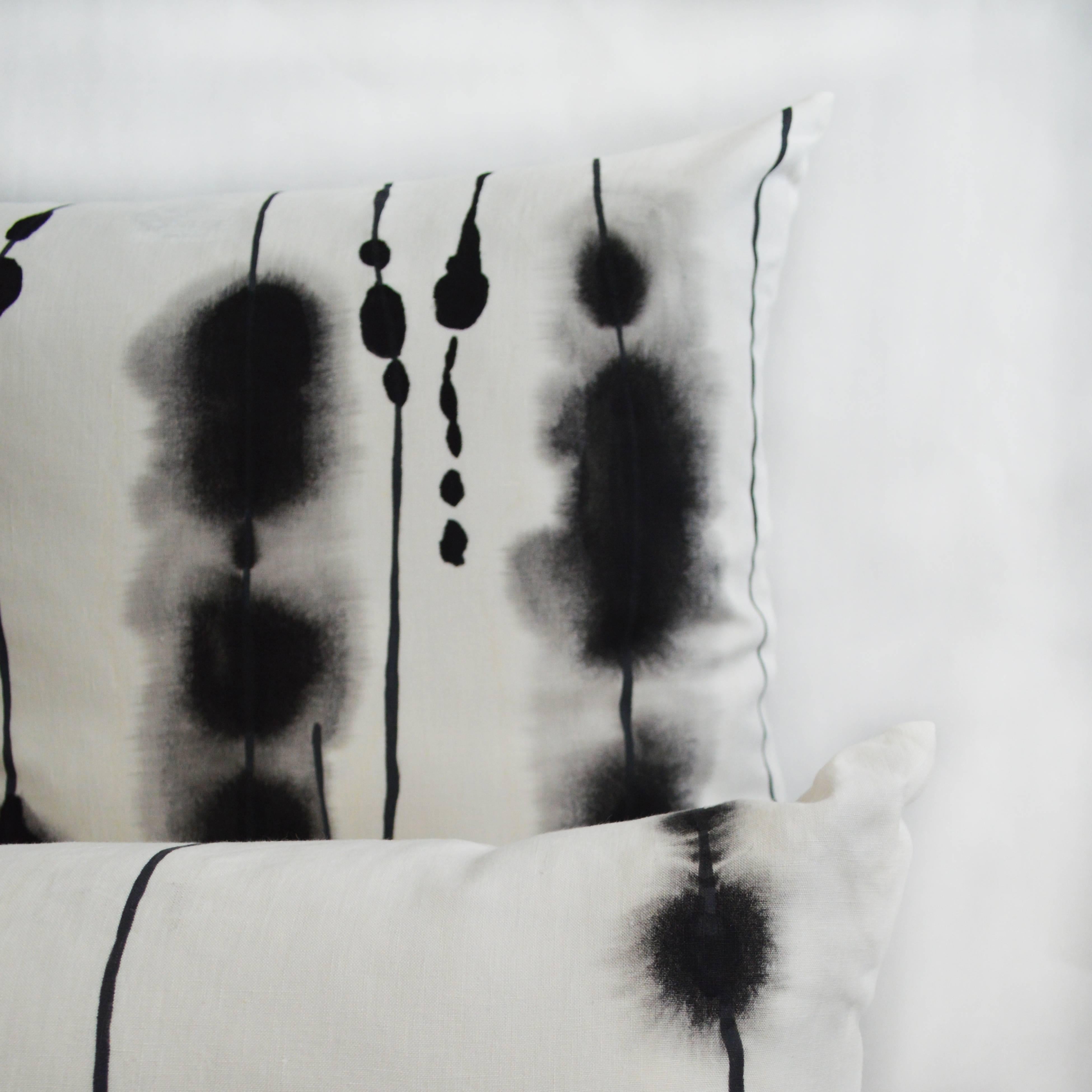 American Ink, Contemporary One-of-a-Kind Black and White Ink Drips Handmade Linen Pillow For Sale