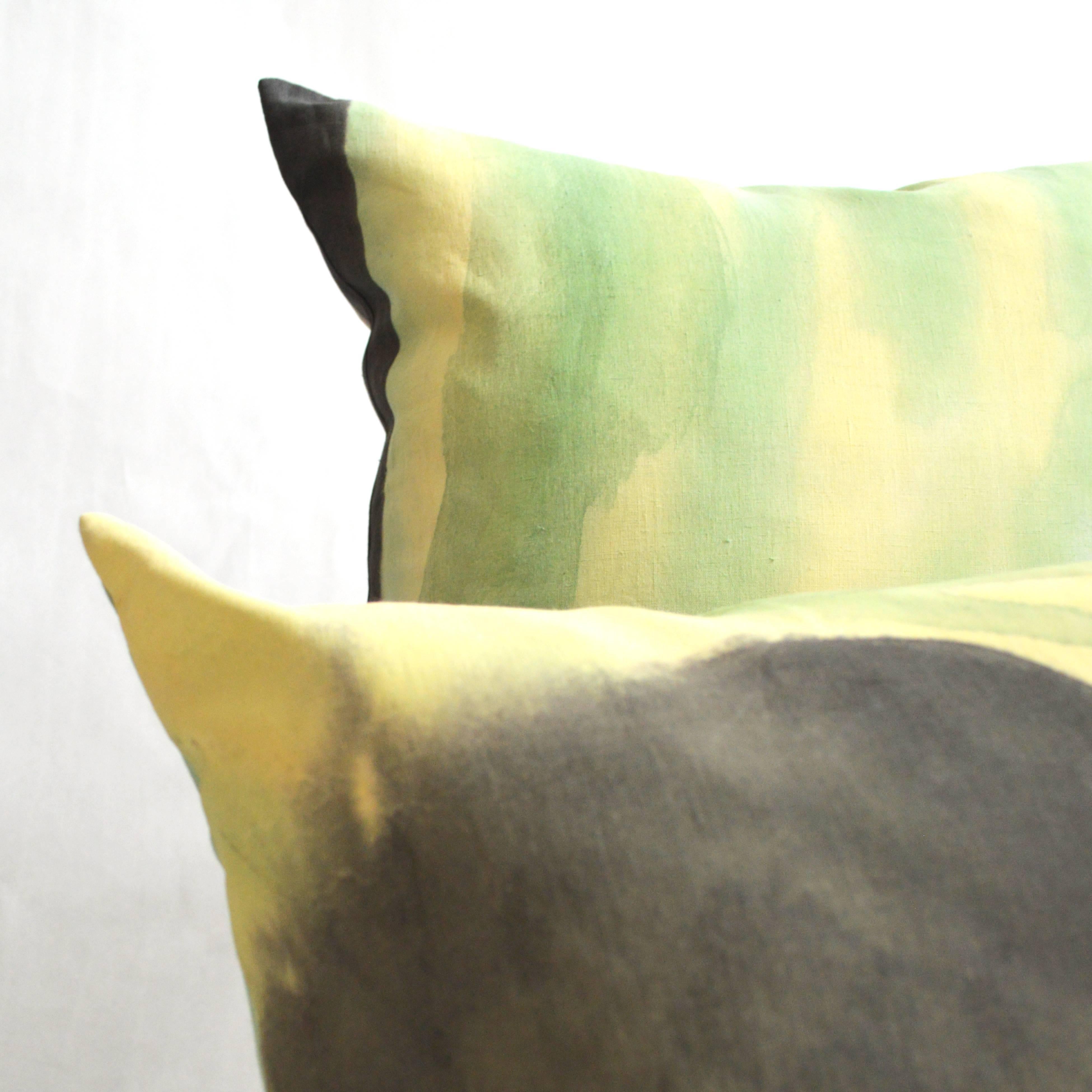 Hand-Painted Unique Contemporary Double-Sided Silk Scarf in Green Handmade Linen Pillow For Sale
