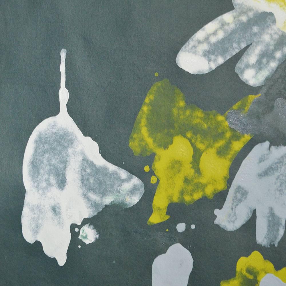 A one-of-a-kind, limited availability green, yellow, blue, and white abstract floral inspired ink wash painting on handmade Japanese rice paper offered unframed for easy personalization. Every Porter Teleo archive is hand-painted by artists, making