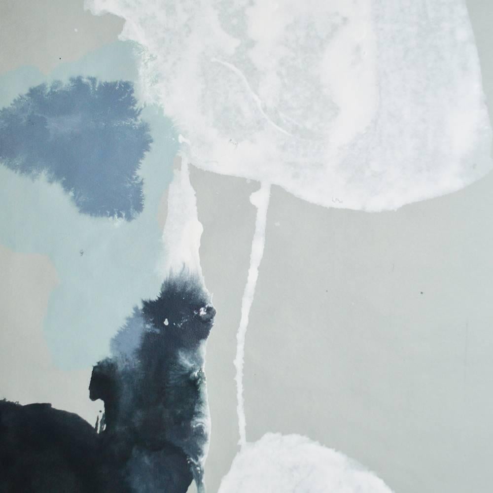 A one-of-a-kind, limited availability mint green, grey, white, and black ink wash painting on handmade Japanese rice paper offered unframed for easy personalization. Every Porter Teleo Archive is hand-painted by artists, making each unframed work