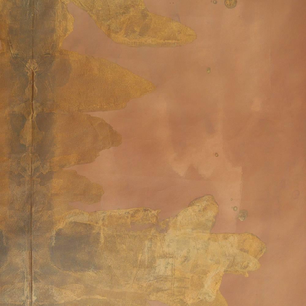 A one-of-a-kind, limited availability roll wall covering or wallpaper hand-painted on handmade Japanese rice paper with the finest inks and richest pigments. Available in orange and bronze, this roll is inspired by Porter Teleo's Ink Blot pattern.