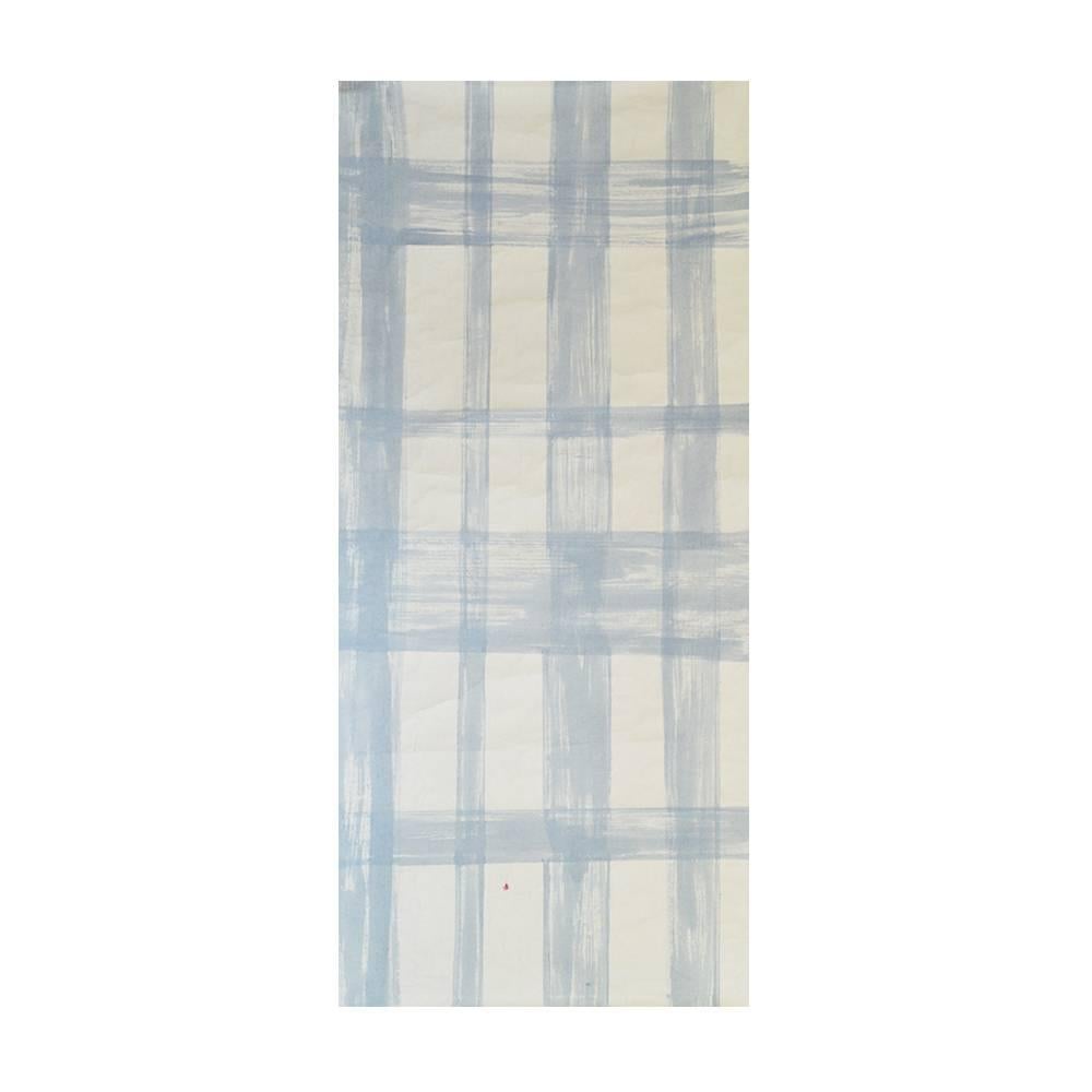 Unique Blue and White Painted Plaid Contemporary Wallpaper For Sale