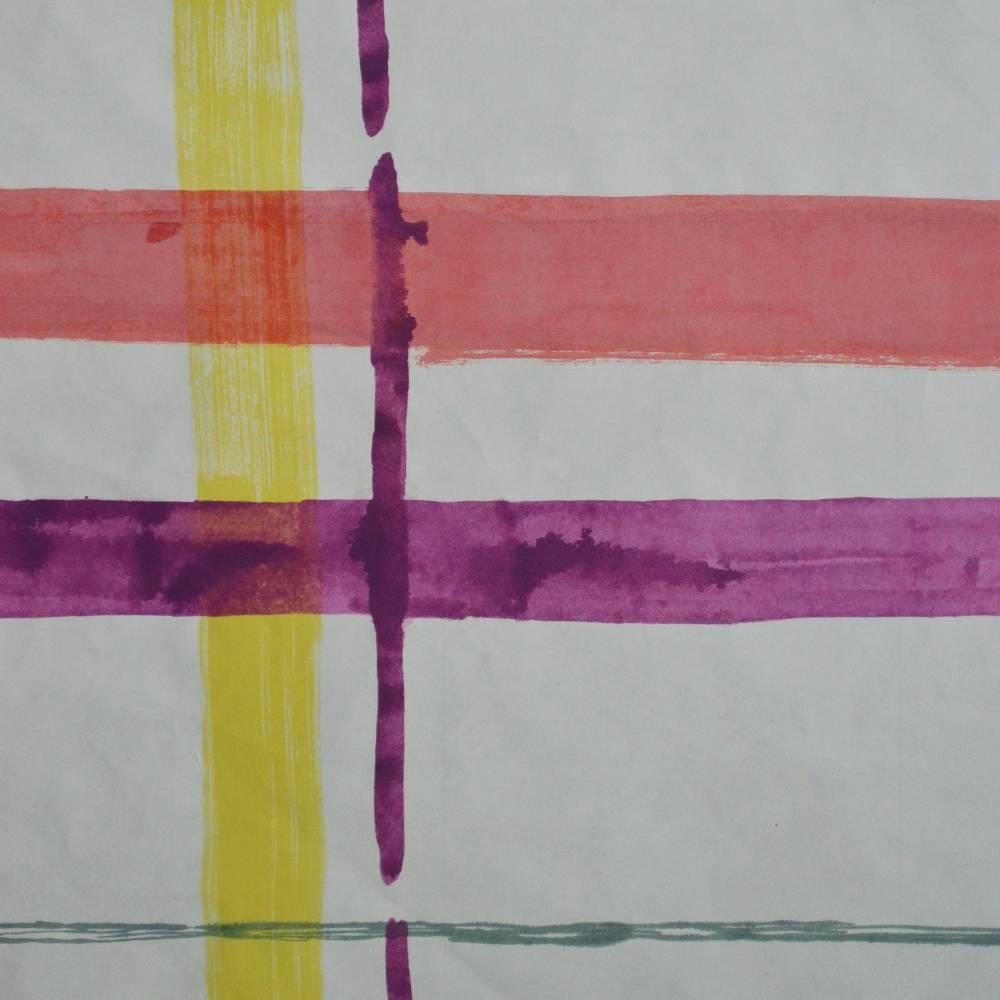 A one-of-a-kind, limited availability red, blue, yellow, green, violet, and white Painterly Plaid inspired design by Porter Teleo ink wash painting on handmade Japanese rice paper offered unframed for easy personalization. Every Porter Teleo Archive