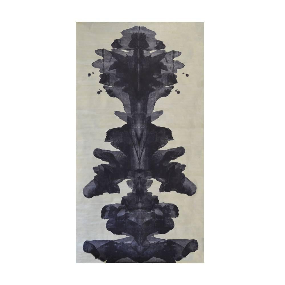 Unique Metallic Silver and Dark Navy Blue Contemporary Ink Blot Wallpaper For Sale