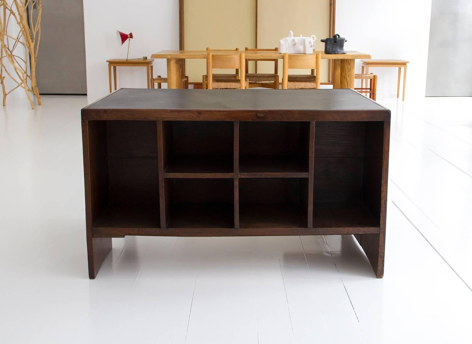 'Office table' desk with bookcase, model no. PJ-BU-02-A, designed for the Secretariat and administrative buildings in Chandigarh. Made of Indian rosewood, black leather and aluminium. Drawer element on front and six open compartments on rear.