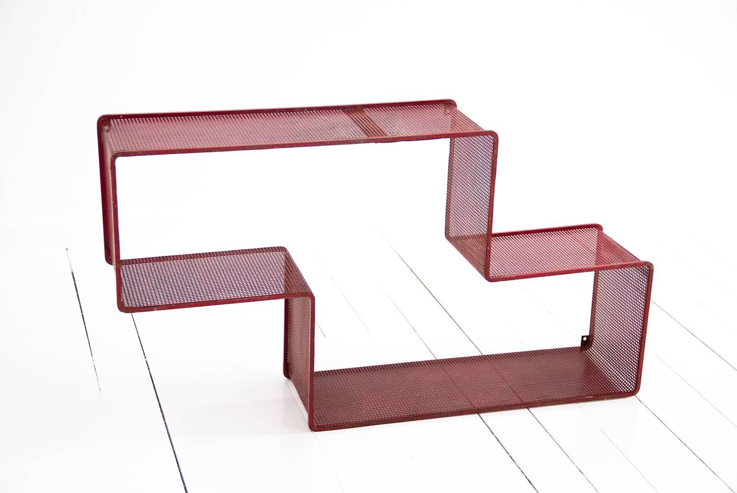Mid-Century Modern Red Dedal Wall Shelf by Mathieu Matégot, Perforated Steel, circa 1950, France For Sale