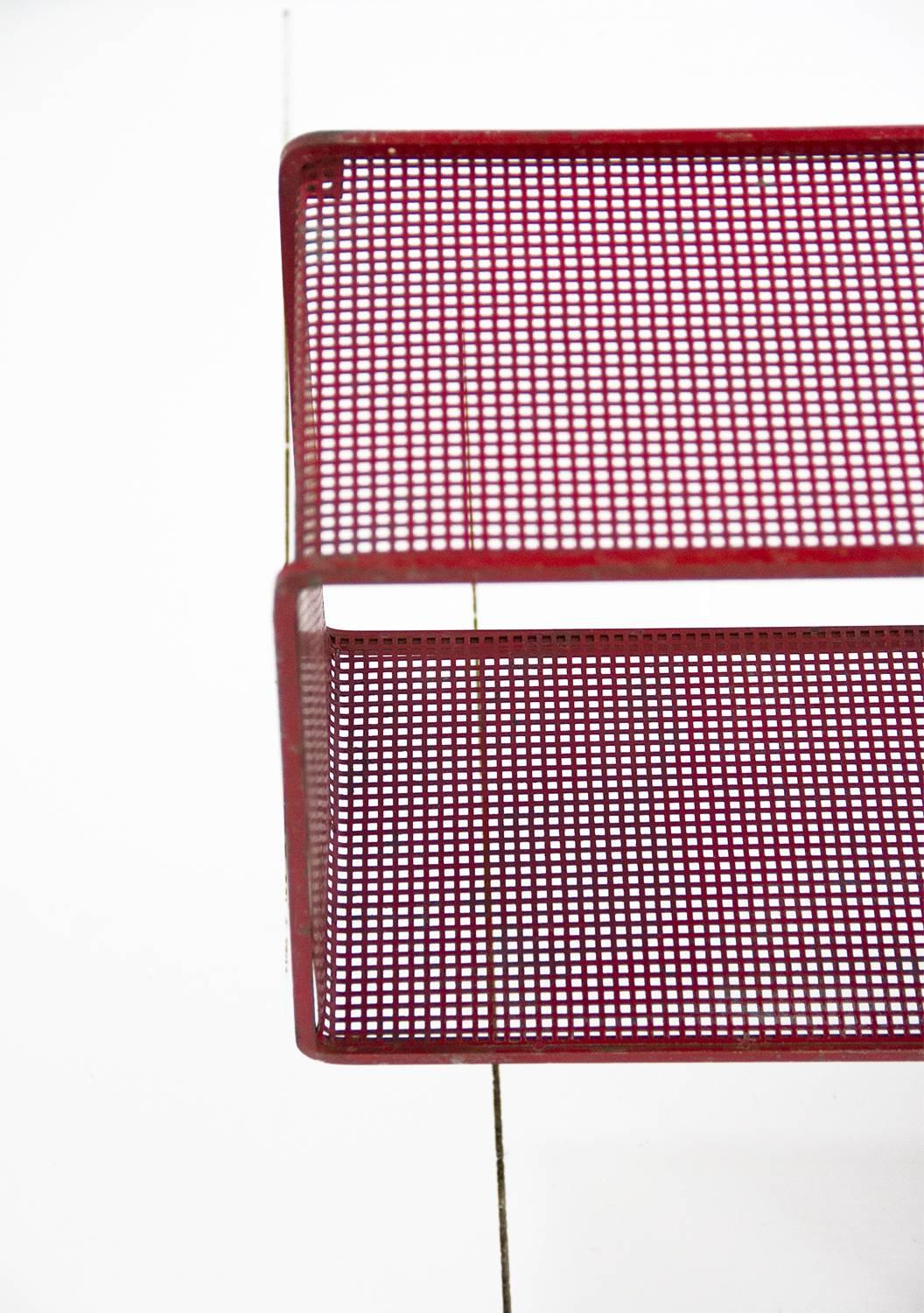 French Red Dedal Wall Shelf by Mathieu Matégot, Perforated Steel, circa 1950, France For Sale