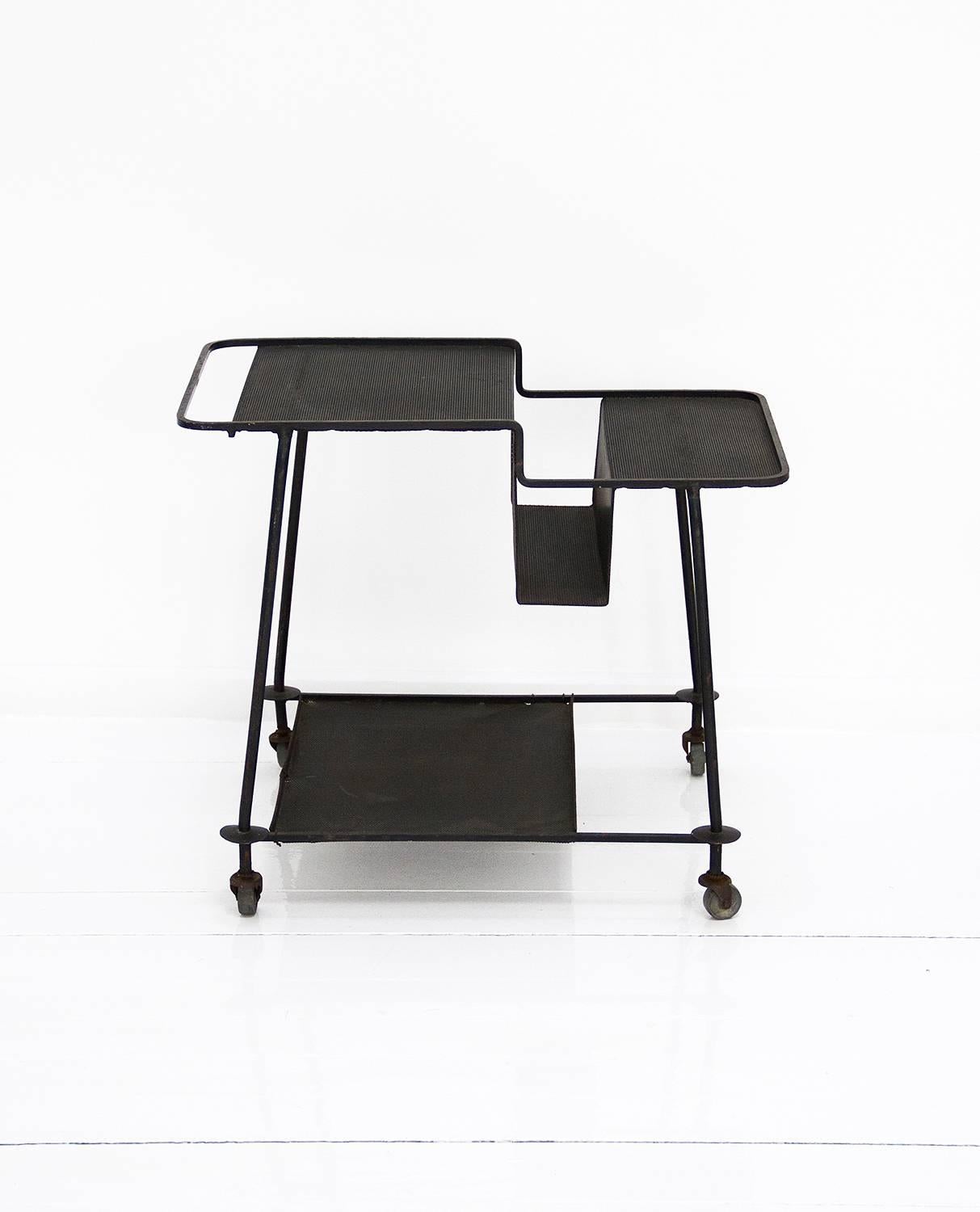 Mid-Century Modern Mathieu Matégot Black Serving Cart in Lacquered Iron, 1950, France For Sale