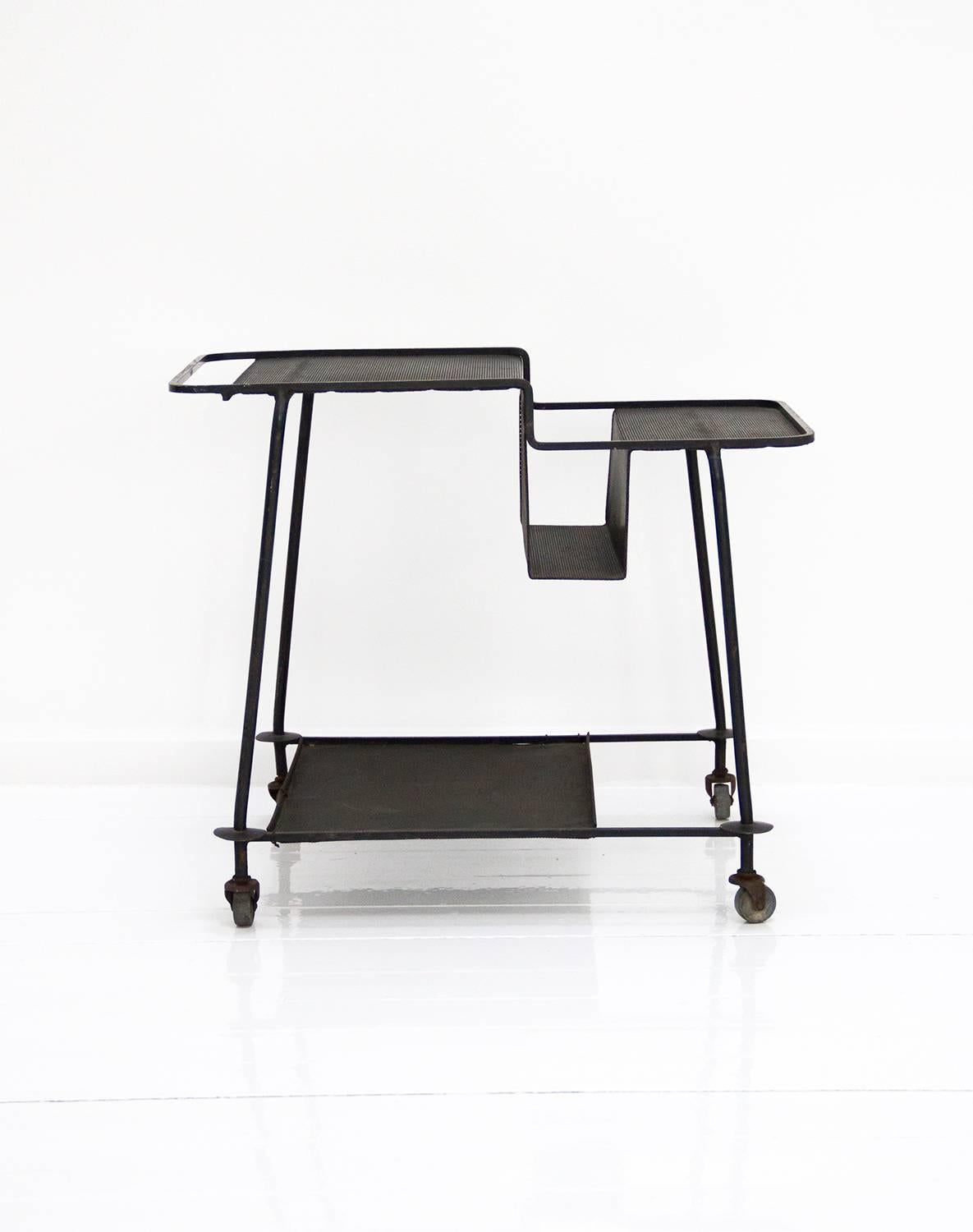 French Mathieu Matégot Black Serving Cart in Lacquered Iron, 1950, France For Sale