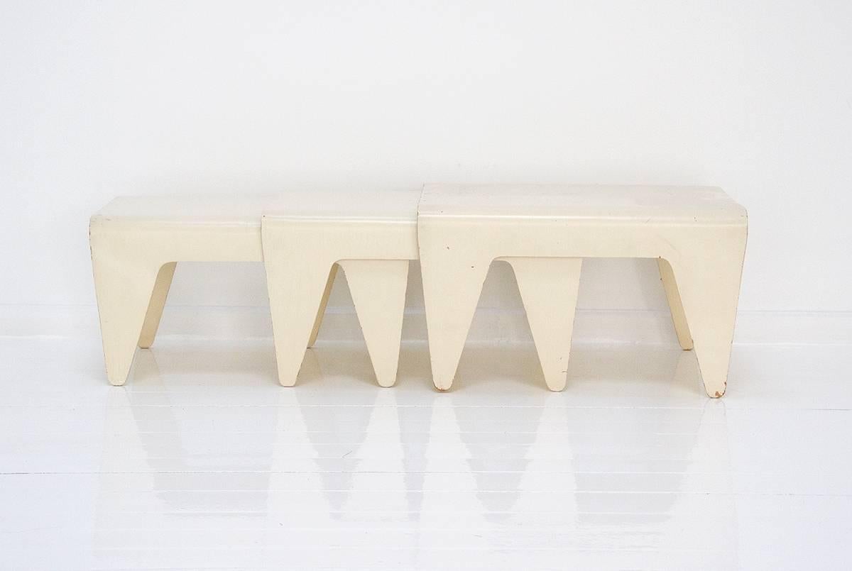Set of three nesting tables designed by Marcel Breuer for Isokon. Both of the three tables are preserving the original white painted.
1936, United Kingdon. 
Provenance: Collection Belge.
Excellent fast and affordable worldwide shipping.
