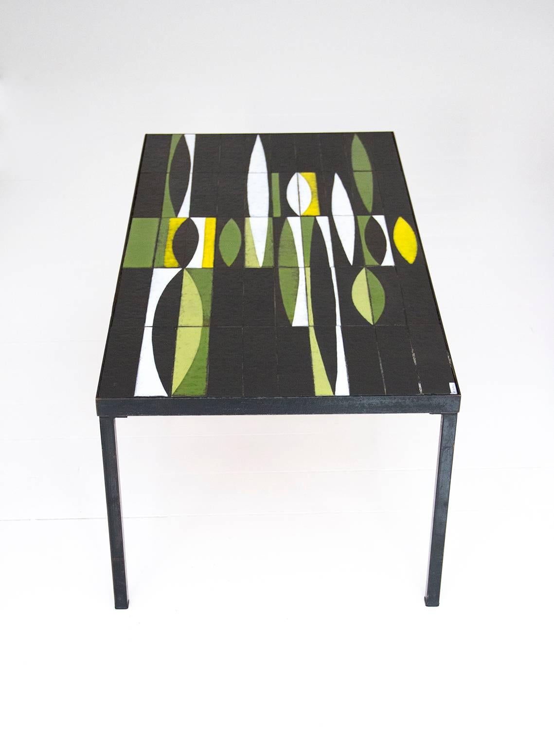 French Roger Capron Enameled Ceramic and Black Lacquered Metal Coffee Table, 1960