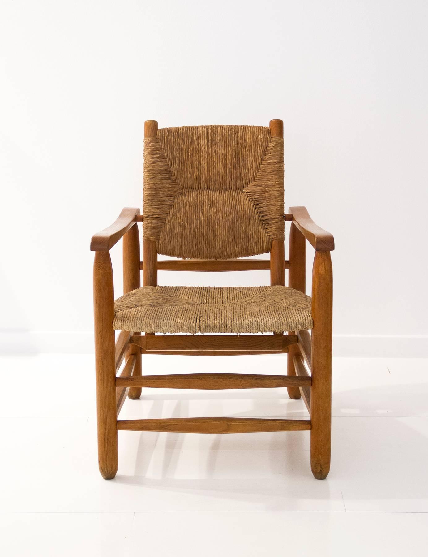 French 'Paille' Armchair by Charlotte Perriand, Solid Wood and Straw, 1935, France