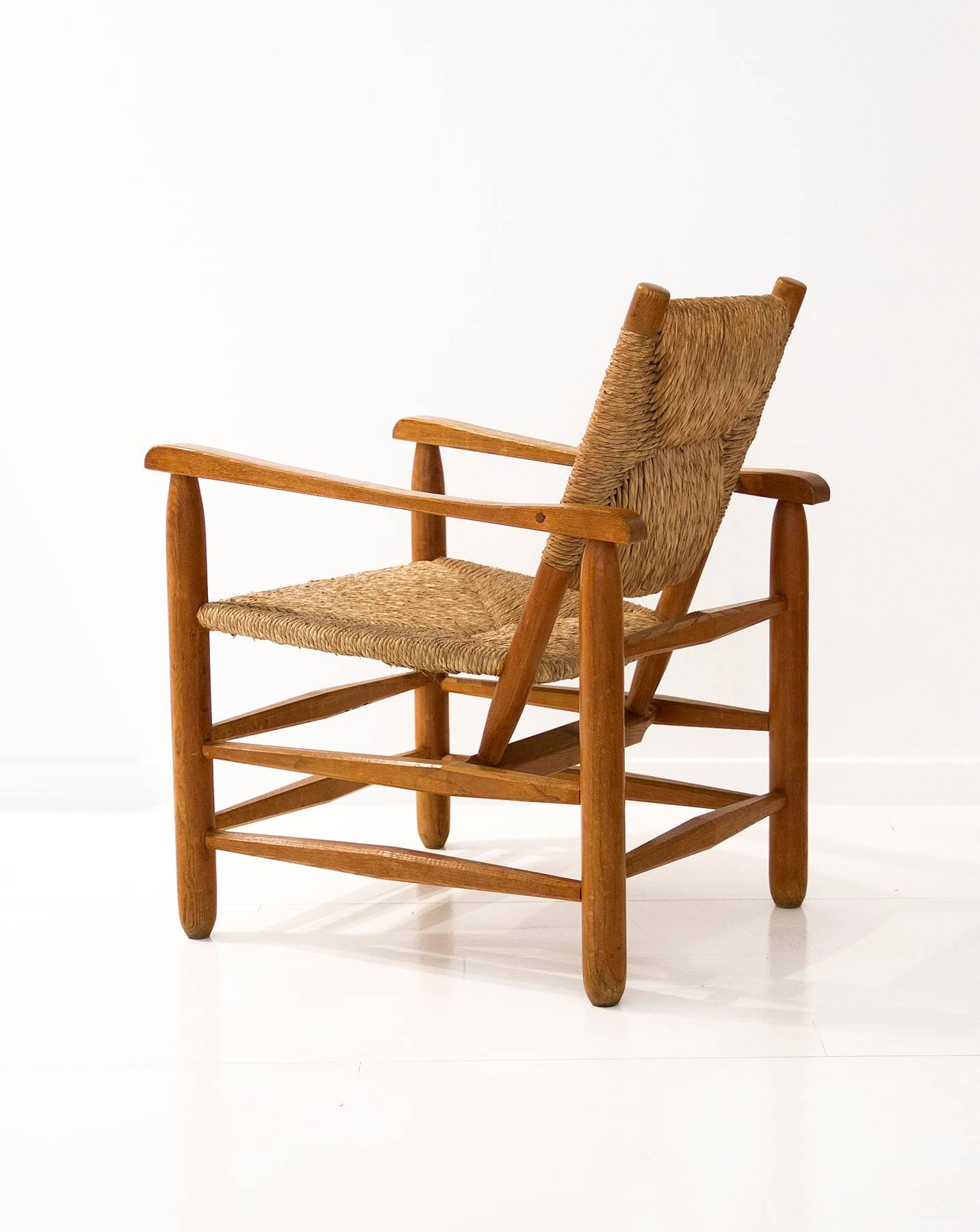 20th Century 'Paille' Armchair by Charlotte Perriand, Solid Wood and Straw, 1935, France