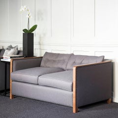 Art Deco Style Bacco Two-Seat Sofa in Natural Walnut, Linen and Gunmetal Studs