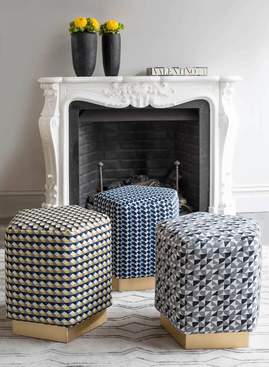 British Ermes Pentagon Brasilia Pouf with Curvature Collection and Brass or Steel Plinth For Sale