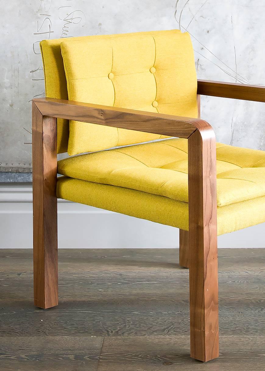 British Pair of Bacco Carver Chair in Walnut Upholstered with Lino Mustard, Show Room