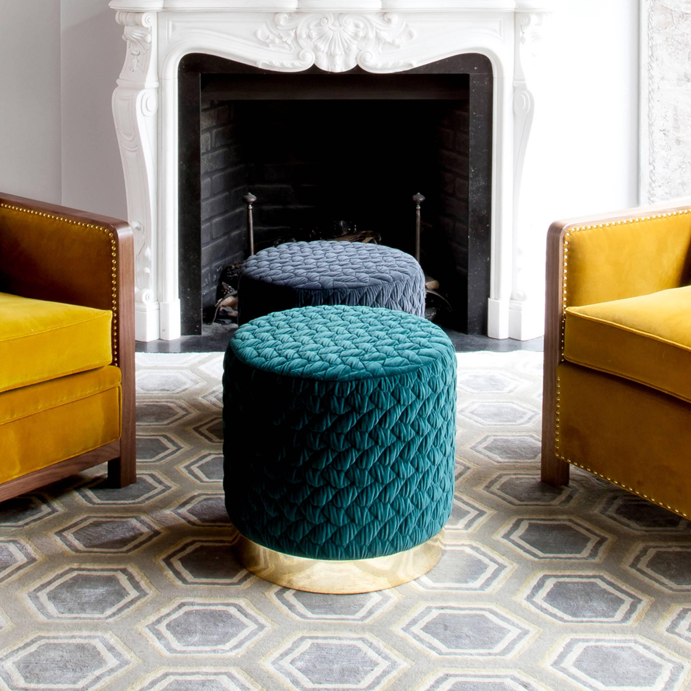 Great Britain (UK) Diana Pouf Upholstered in Velvet Tresse with Brass Band Made in Britain