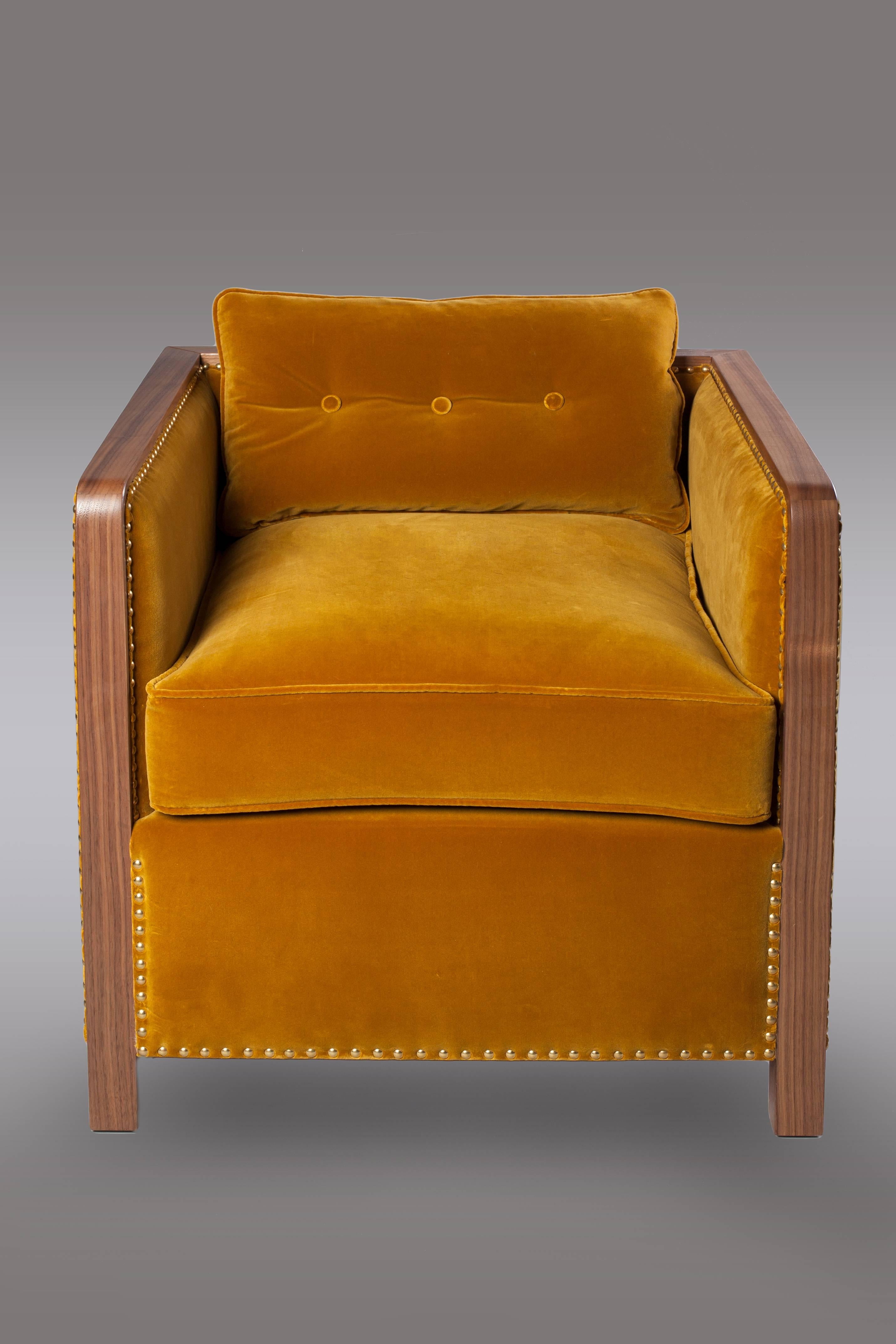 Bacco Armchair in Black American Walnut Luxe Velvet & Brass Studs For Sale 3