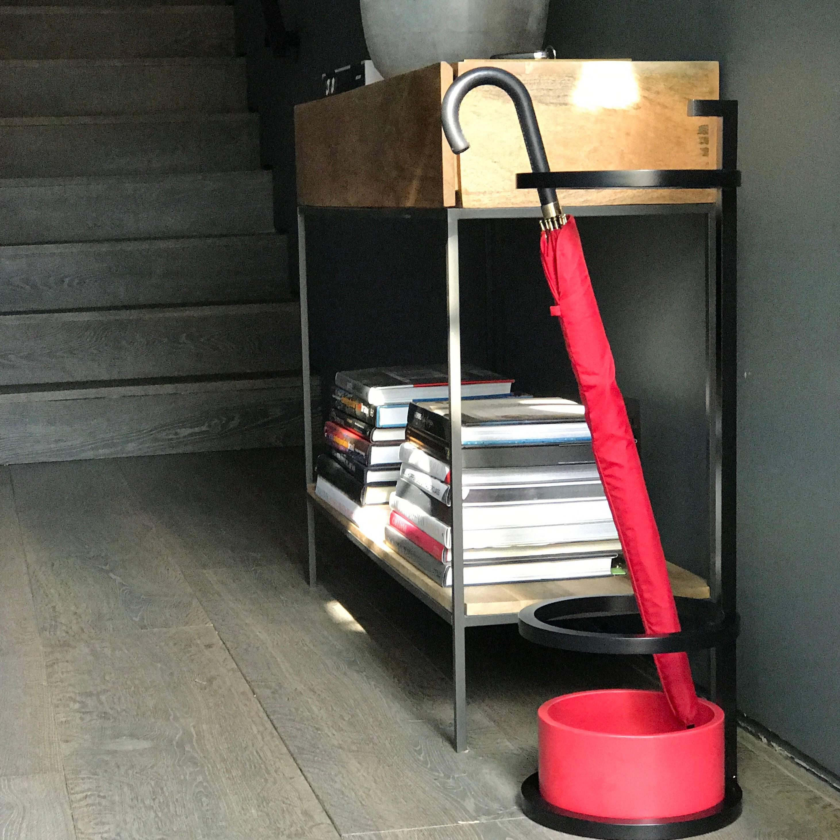Contemporary Diana Umbrella Stand Circular in Steel Powder-Coated and Black Tray For Sale