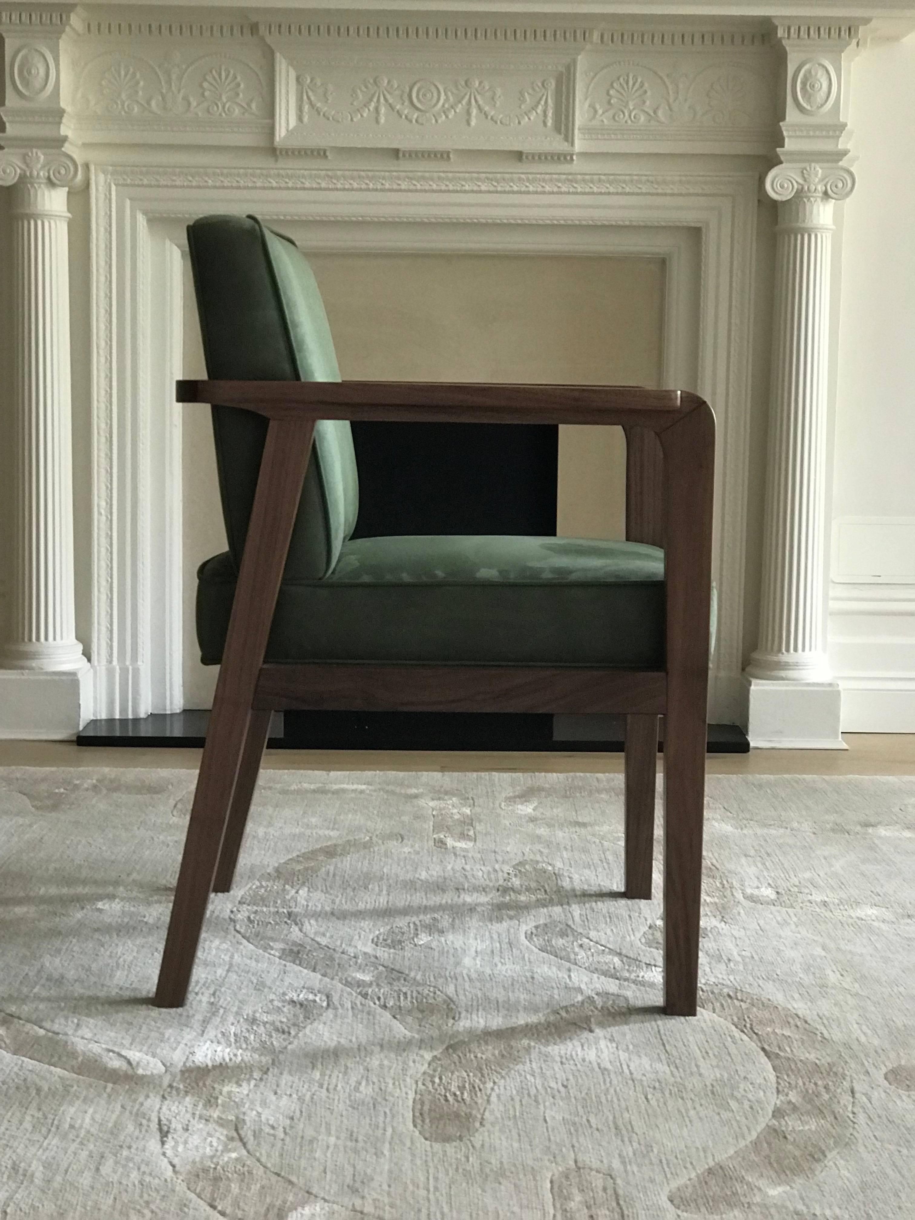 British Atena Carver Chair in Walnut Upholstered with Nova Suede For Sale