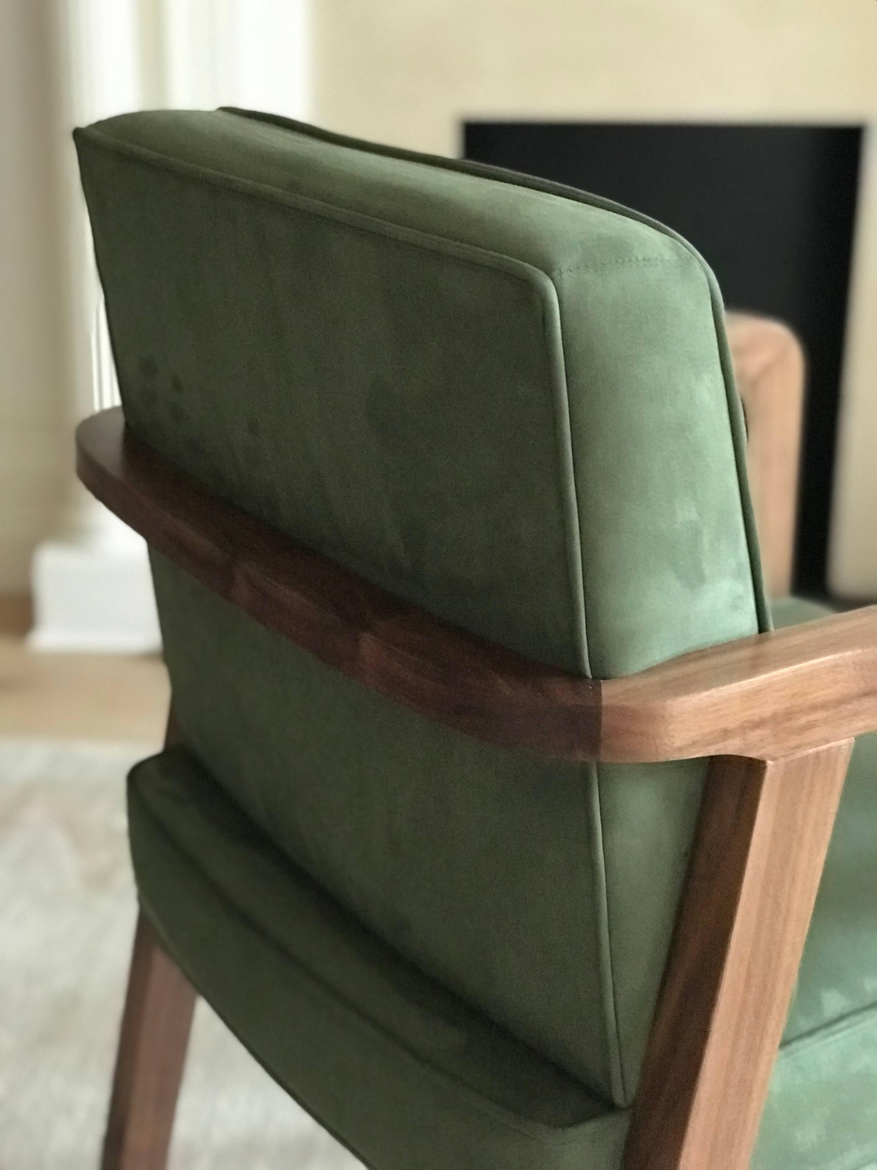 Art Deco Atena Carver Chair in Walnut Upholstered with Nova Suede For Sale