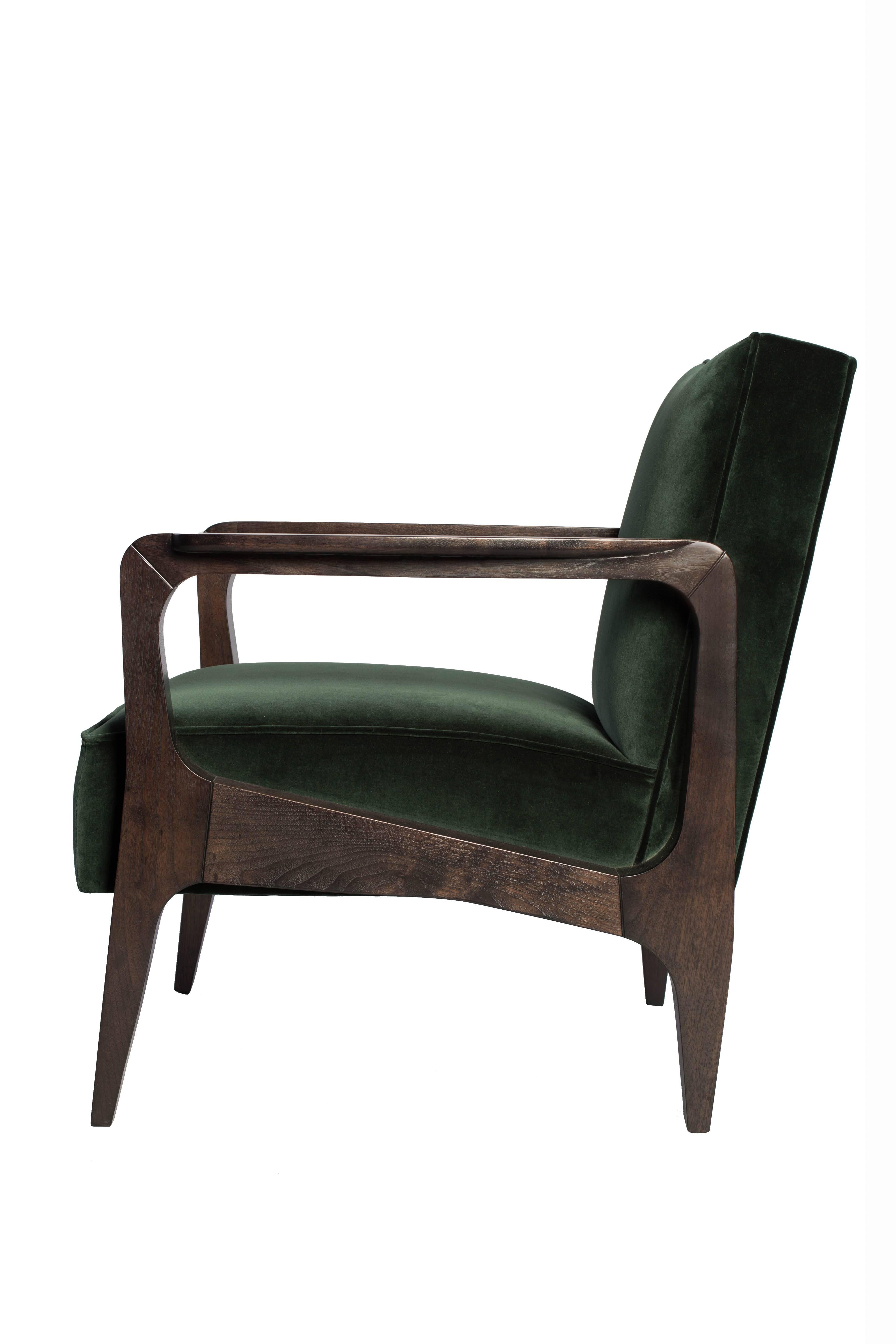 British Atena Armchair in Black American Walnut Stained in Black Ebony and Luxe Velvet For Sale