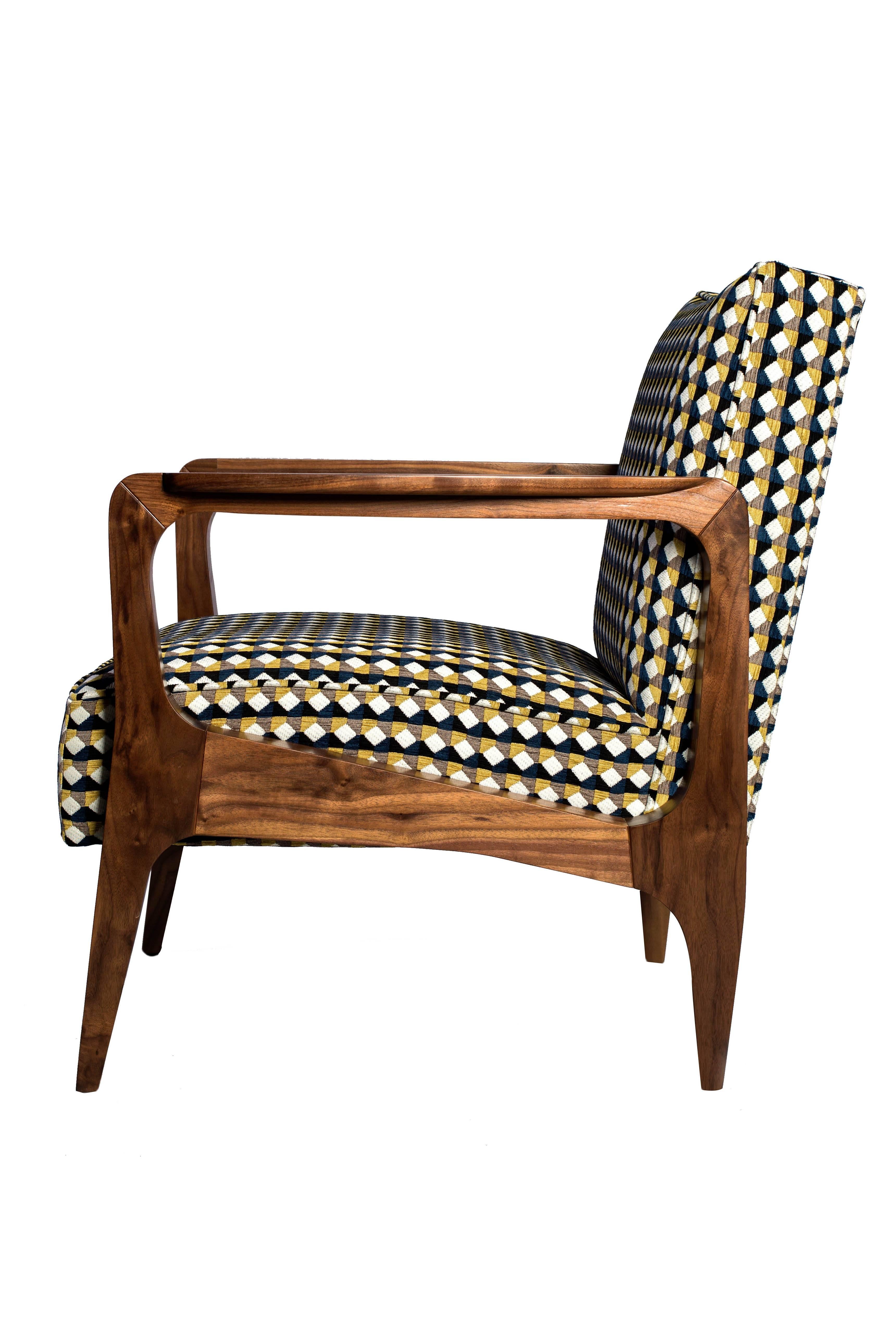 British Art Deco Inspired Atena Armchair in Black America Walnut and Rio Fabric For Sale