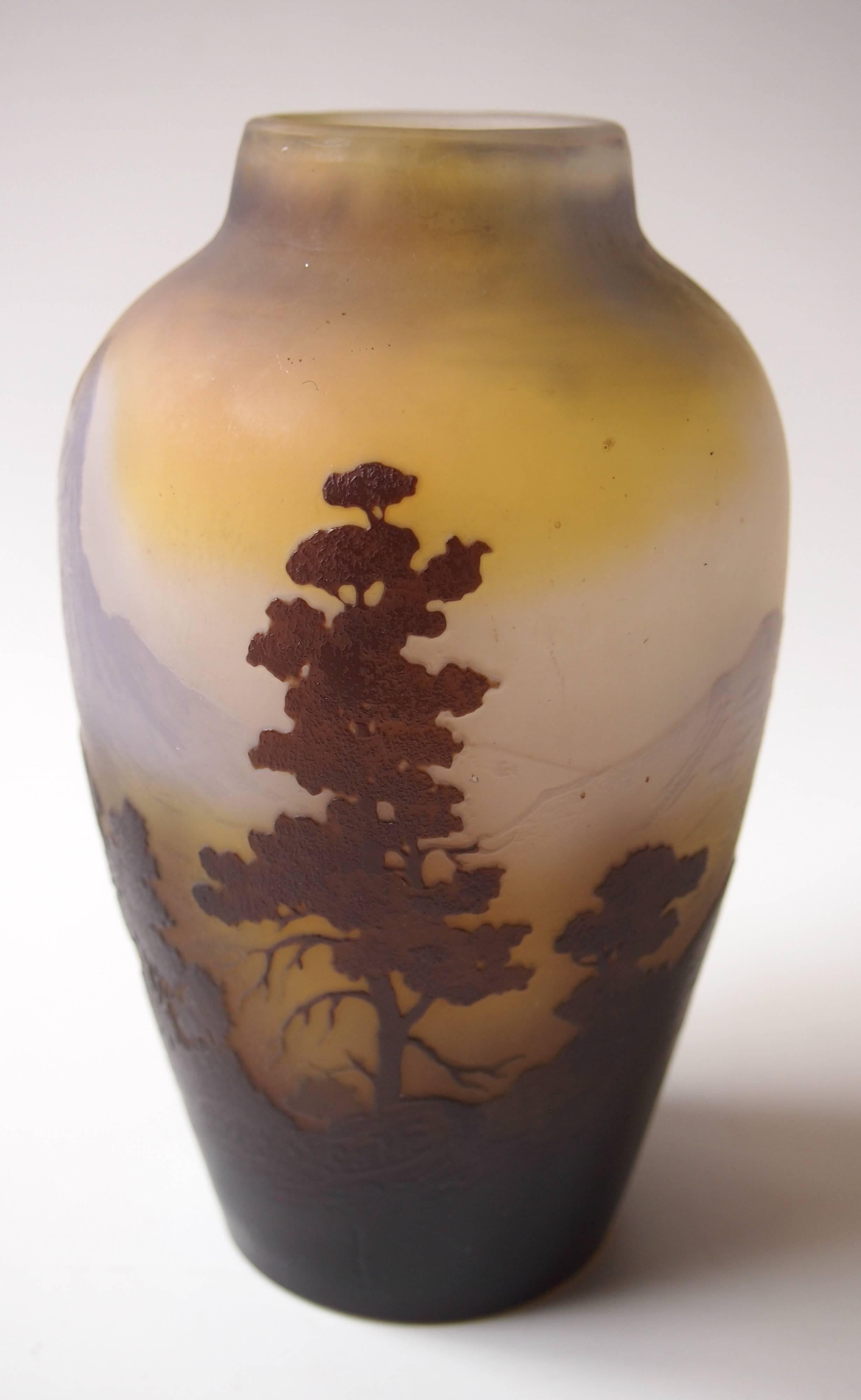 Special Emile Galle Art Nouveau cameo landscape vase, in browns, blues, purples and yellow, depicting the famous Matterhorn Mountain -in near twilight, signed (The signature is difficult to see/photograph - it's in cameo in the outer brown layer