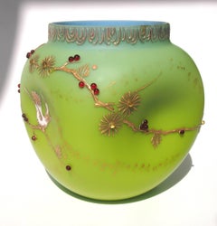 Loetz Victorian Bohemian Alpengruen-(Blue/GreenGlass) Vase Enamelled With Birds