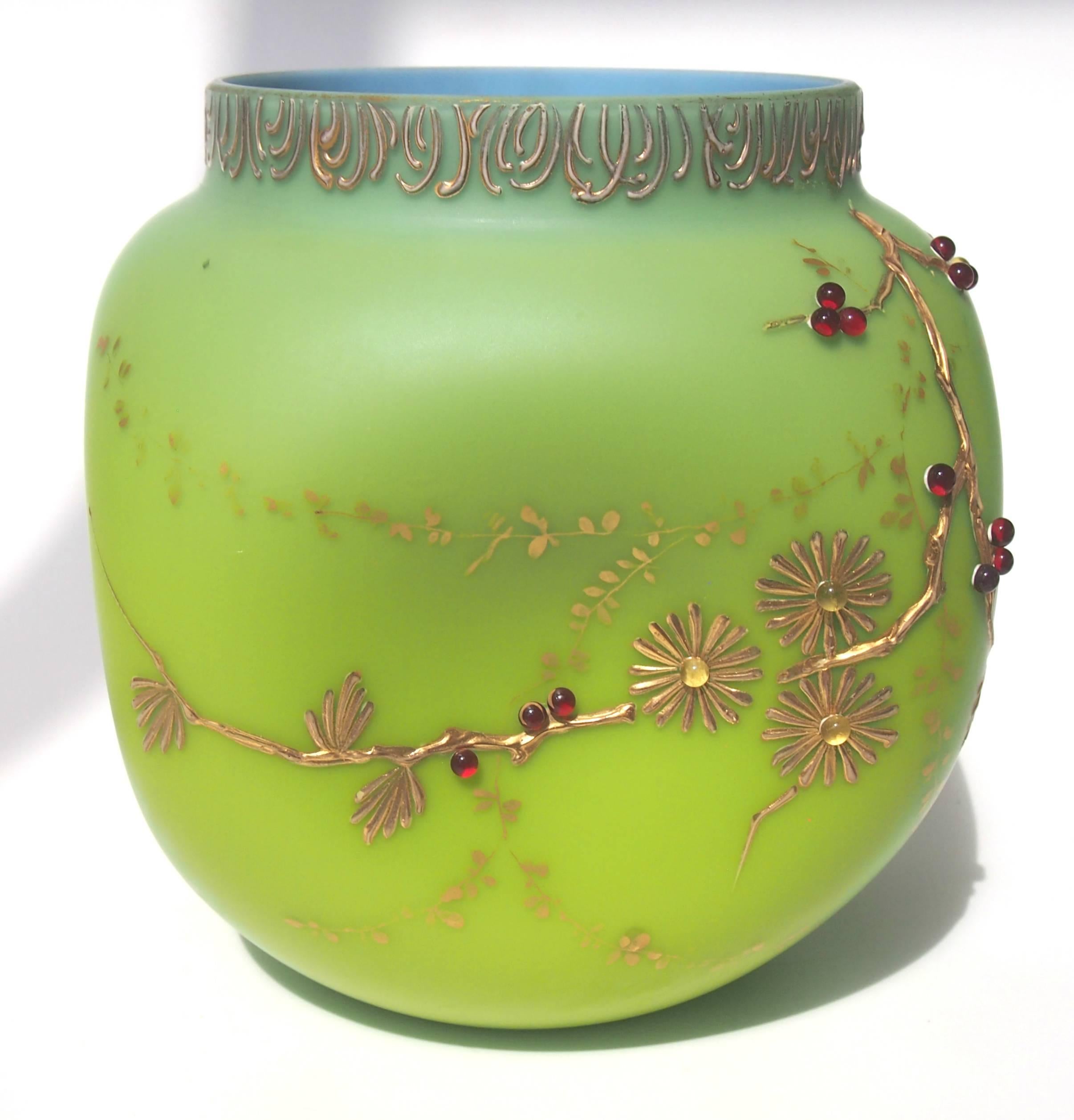 Late 19th Century Loetz Victorian Bohemian Alpengruen-(Blue/GreenGlass) Vase Enamelled With Birds For Sale