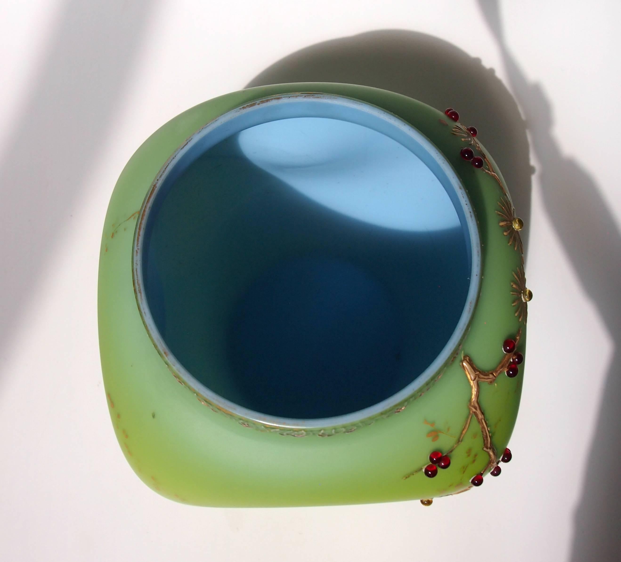 Art Glass Loetz Victorian Bohemian Alpengruen-(Blue/GreenGlass) Vase Enamelled With Birds For Sale