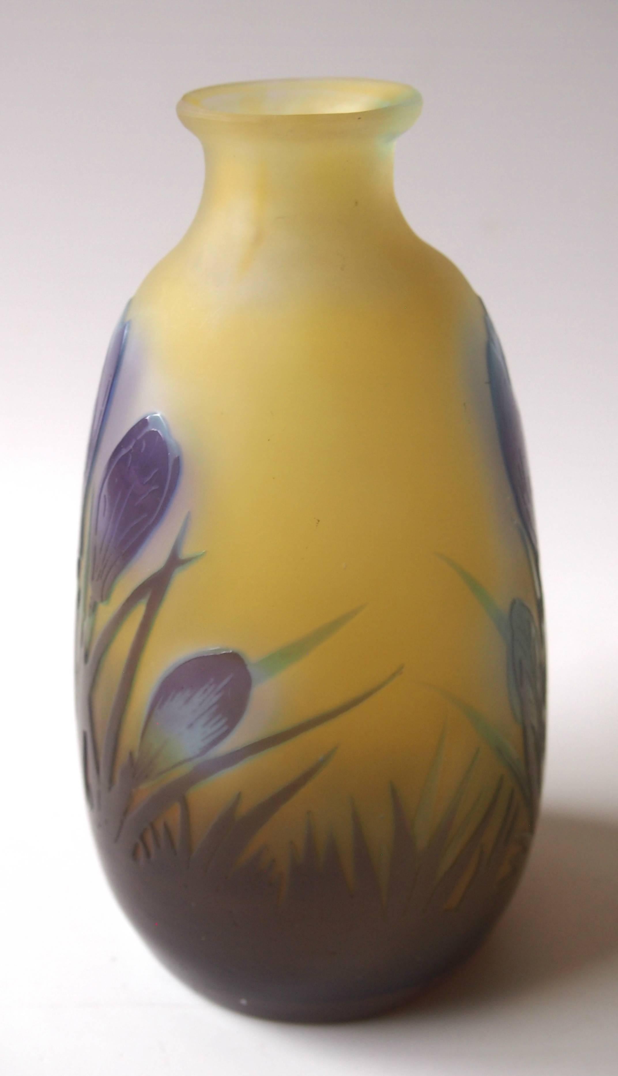 Wonderful Emile Galle Cameo purple and blue over yellow vase, circa 1900 depicting vibrant blooming Croci. The signature is cut into the purple layer. The vase is selectively internally polished (with acid) to remove the inner orange layer and