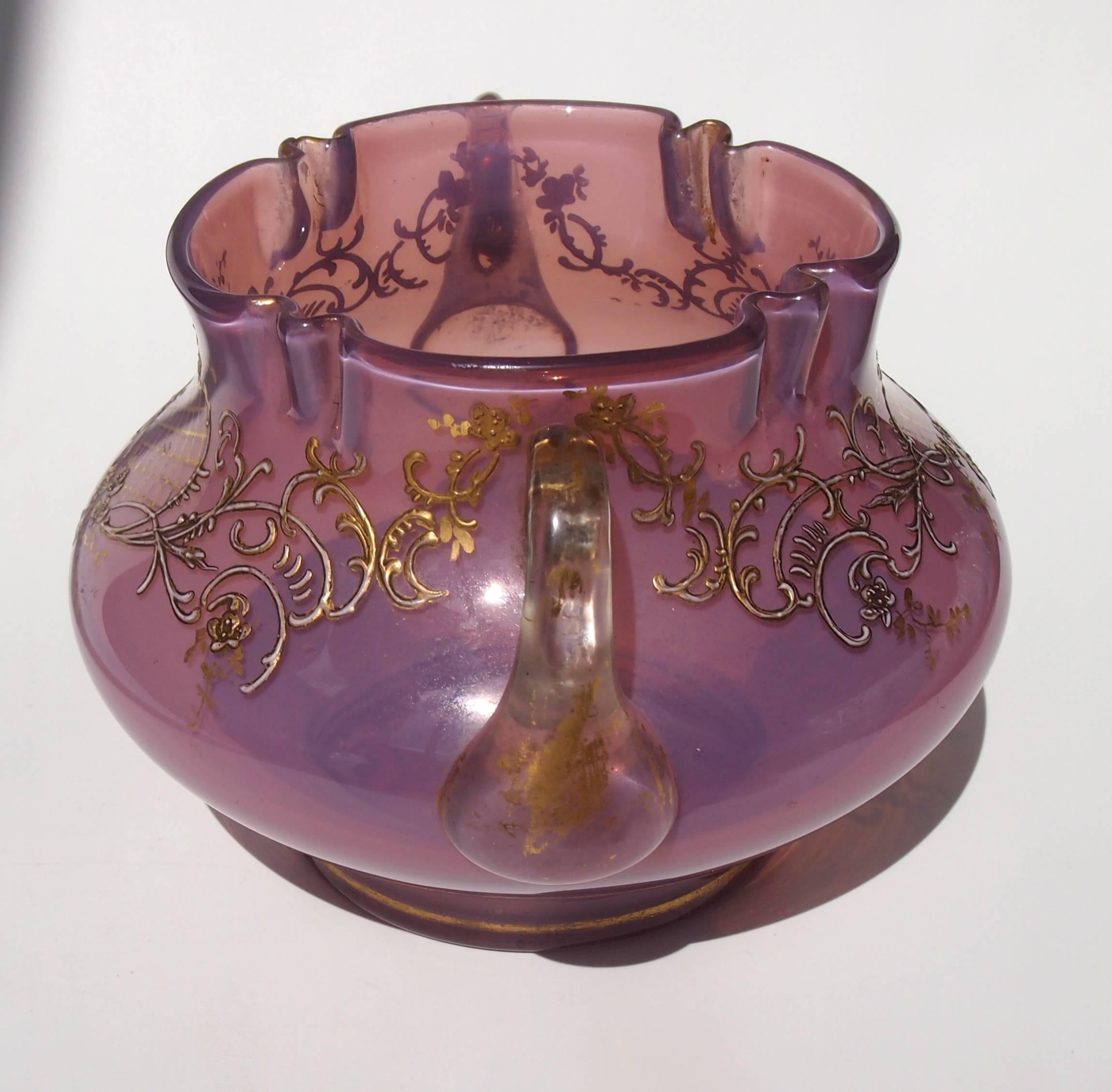 Stunning two handled vibrant pink (Heliotrope) early Loetz vase (Series I PN 500), This is a very early Loetz decoration - it is gilded and enameled with one of the Classic French Rococo patterns.