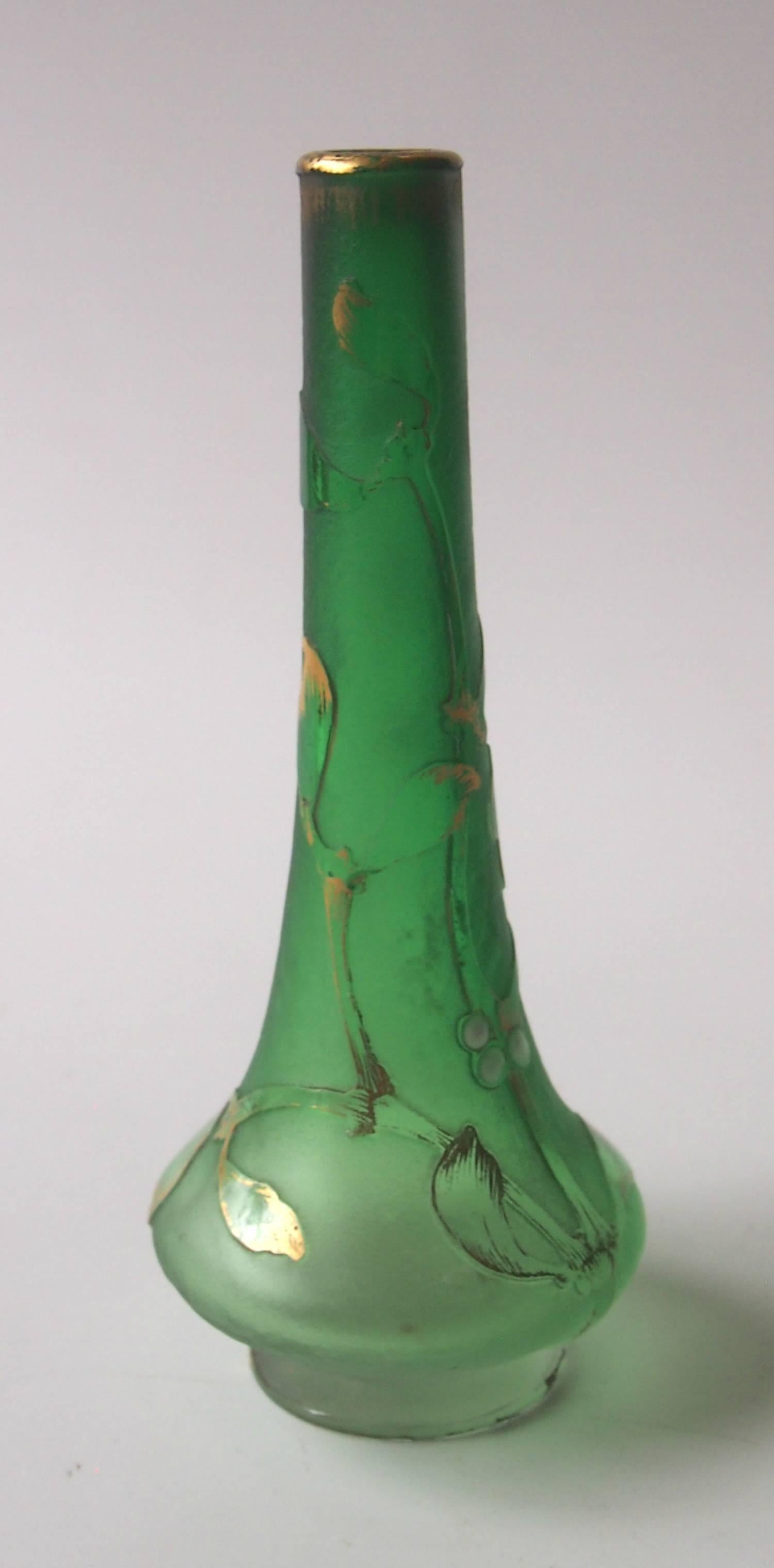 Late 19th Century French Art Nouveau Daum Green Mistletoe Glass Vase Circa 1899 For Sale