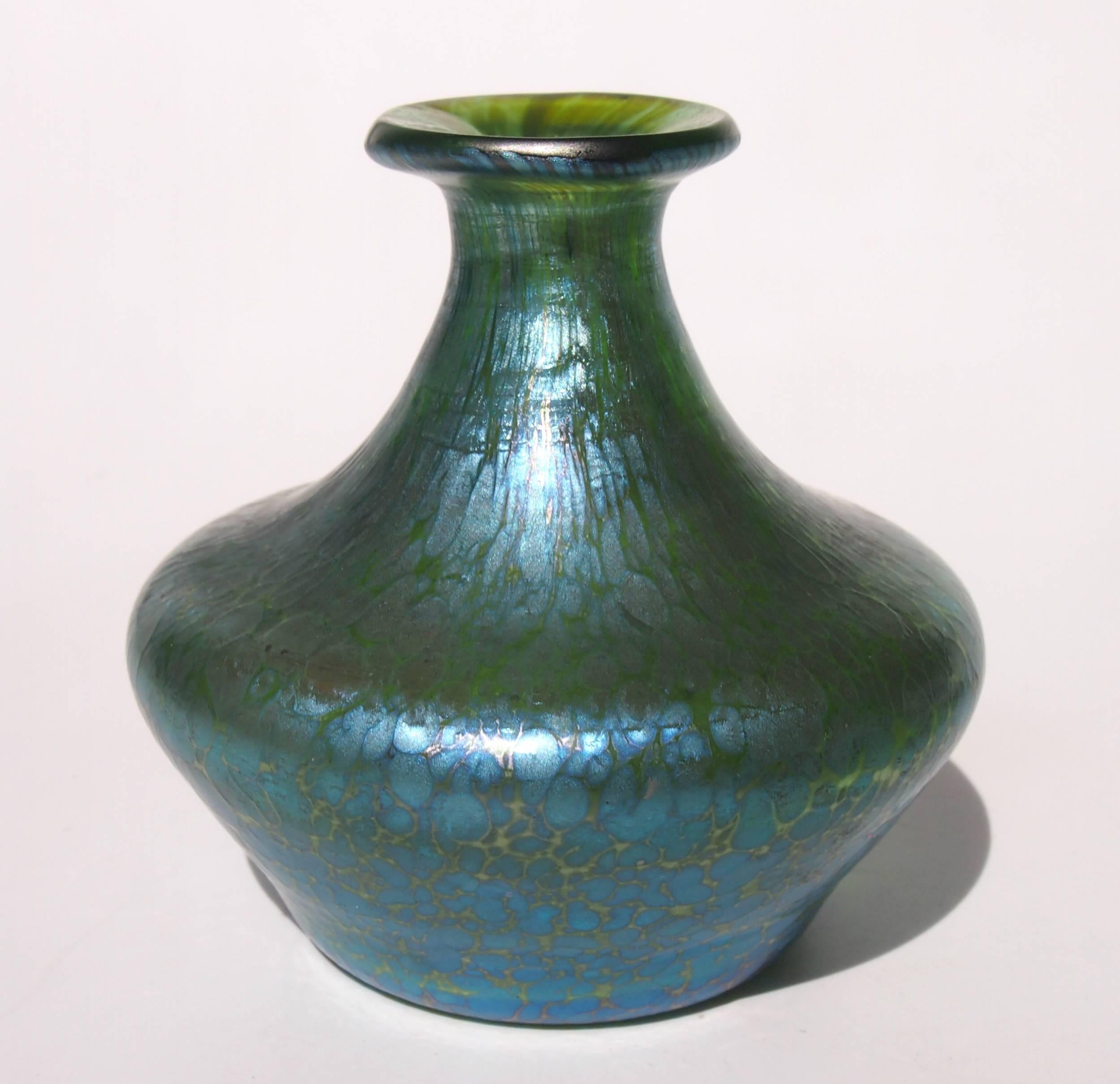 Super Art Nouveau Loetz Crete (green glass) Papillon (butterfly wing) small vase - this vase is an unusual slight variant of papillon - it is slightly less iridised than usual but also much more blue in the surface finish - It has a finished top and