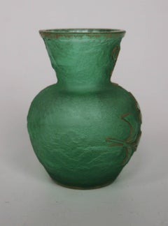 French Daum Art Nouveau Green Glass Acid Cut Back Parlant Vase Signed circa 1898