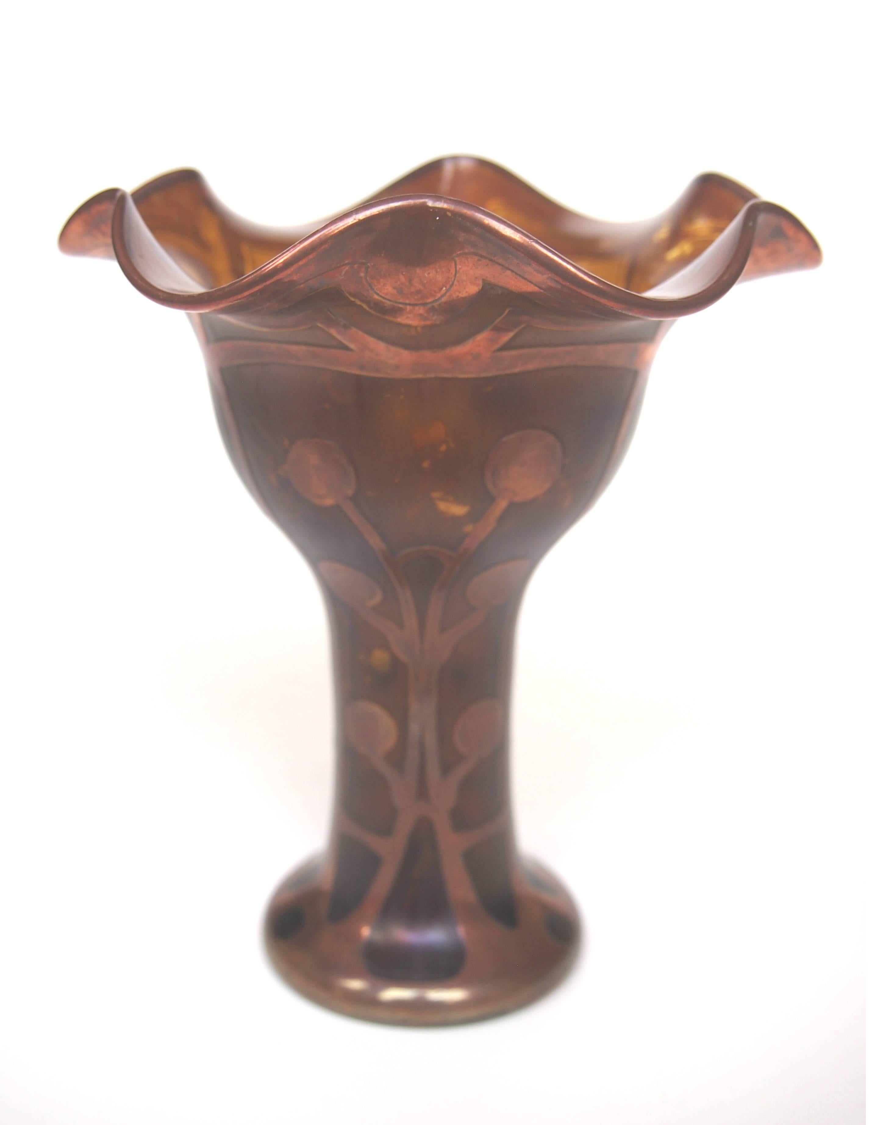 Czech Bohemian Jugendstil Copper Clad Carl Goldberg Glass Vase in Metalic Look Finish For Sale