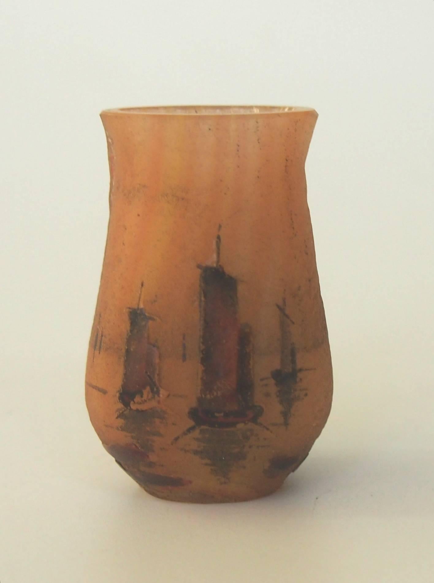 French Daum Acid Cut Back and Enamel Miniature Boating Vase, Art Nouveau