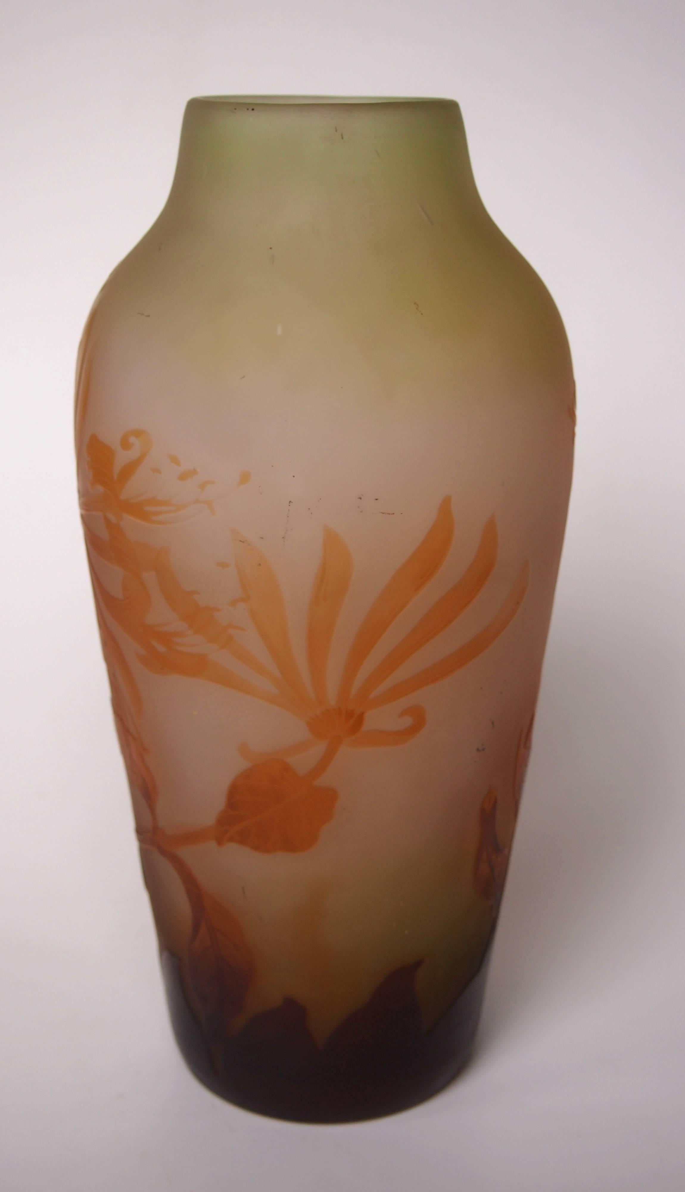 A superb Art Nouveau Emile Galle cameo vase in brown over orange, over clear with green inside. Depicting spectacularly blooming Honeysuckle a classic, but quite rare, image for Galle - signed in cameo in the orange layer. The balance of the three