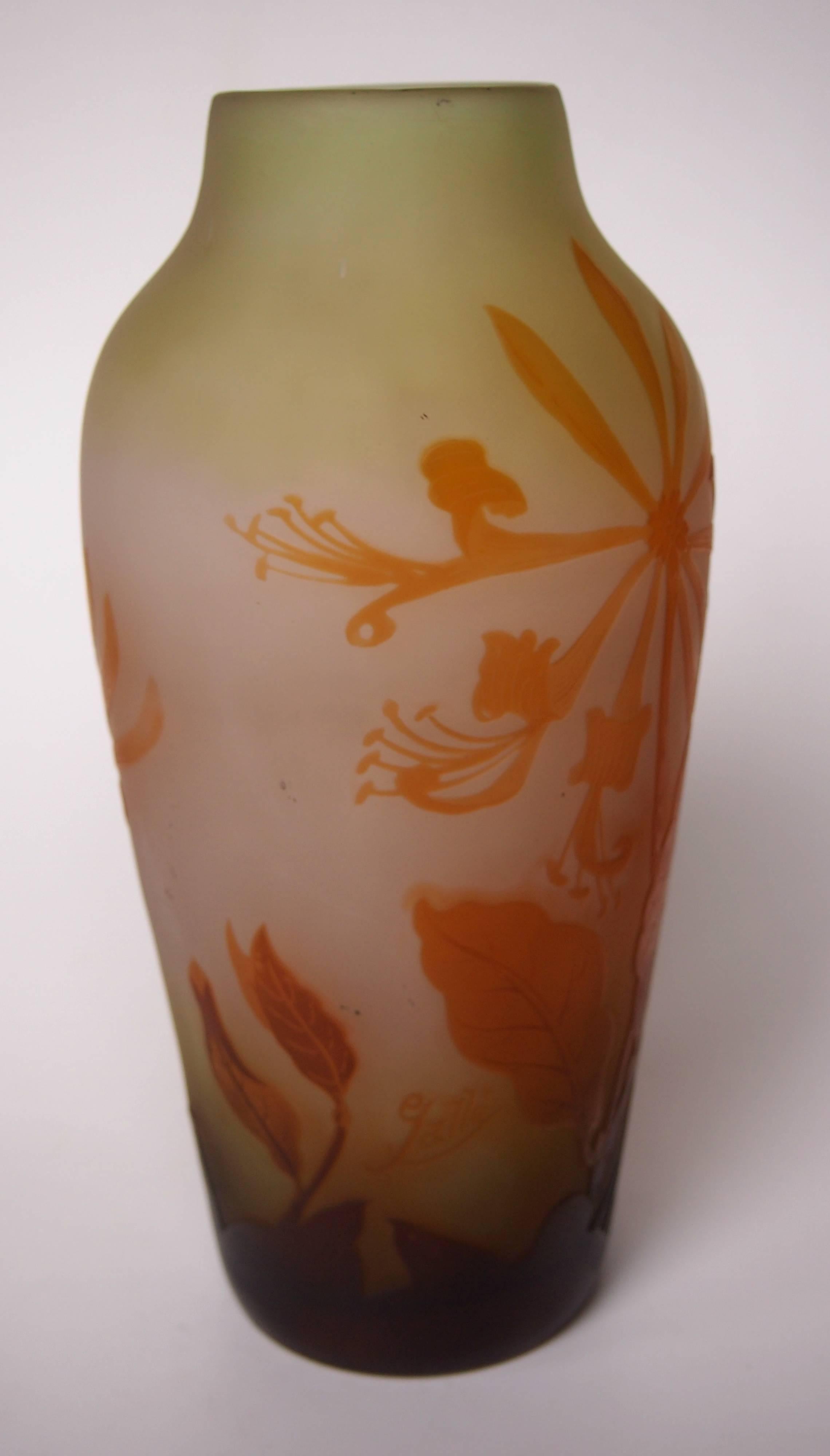 French Art Nouveau Emile Galle Cameo Vase with Honeysuckle Signed, circa 1900