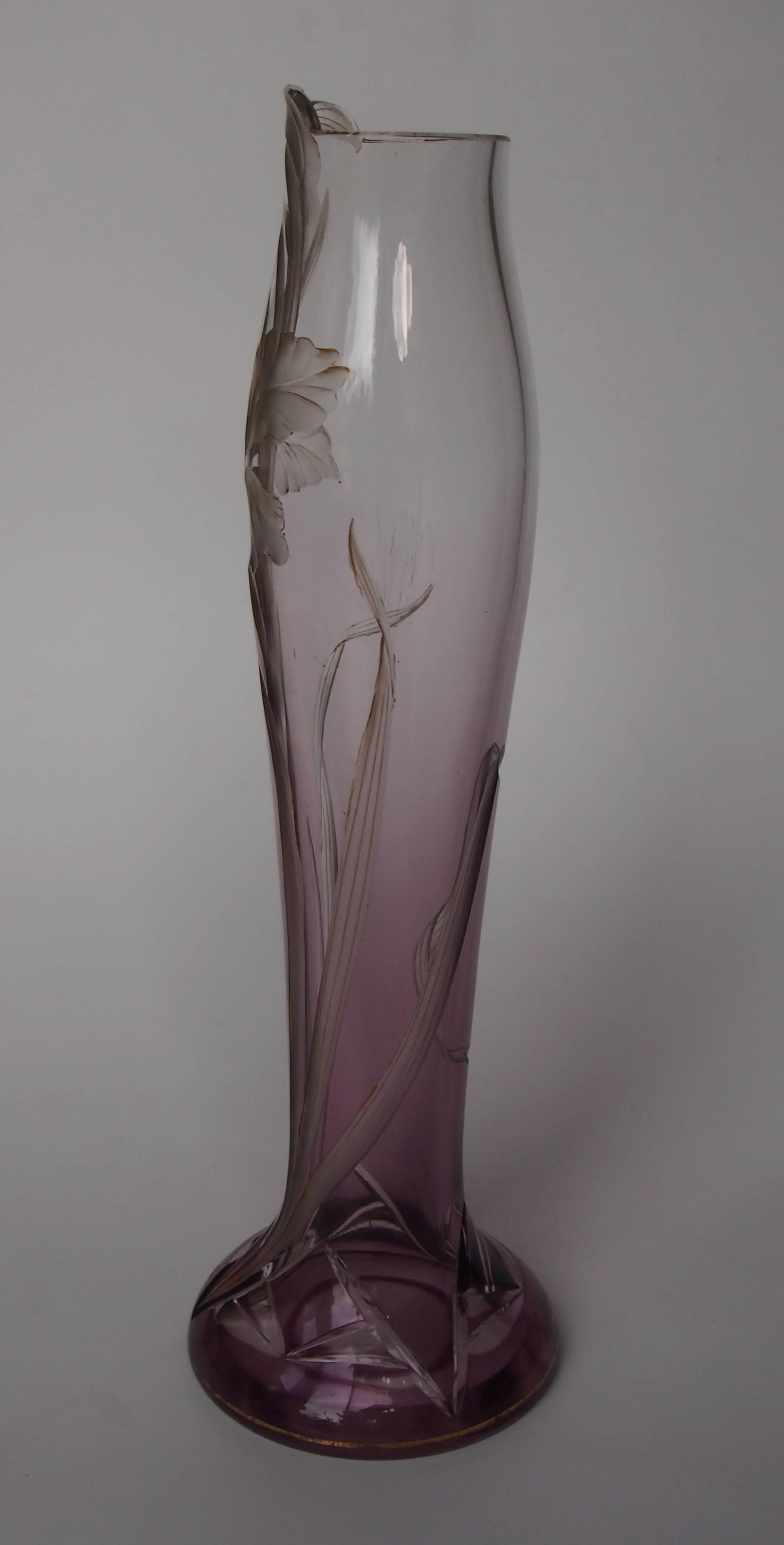 Czech Bohemian Art Nouveau Harrach Clear to Purple Glass Lily Vase circa 1900 For Sale