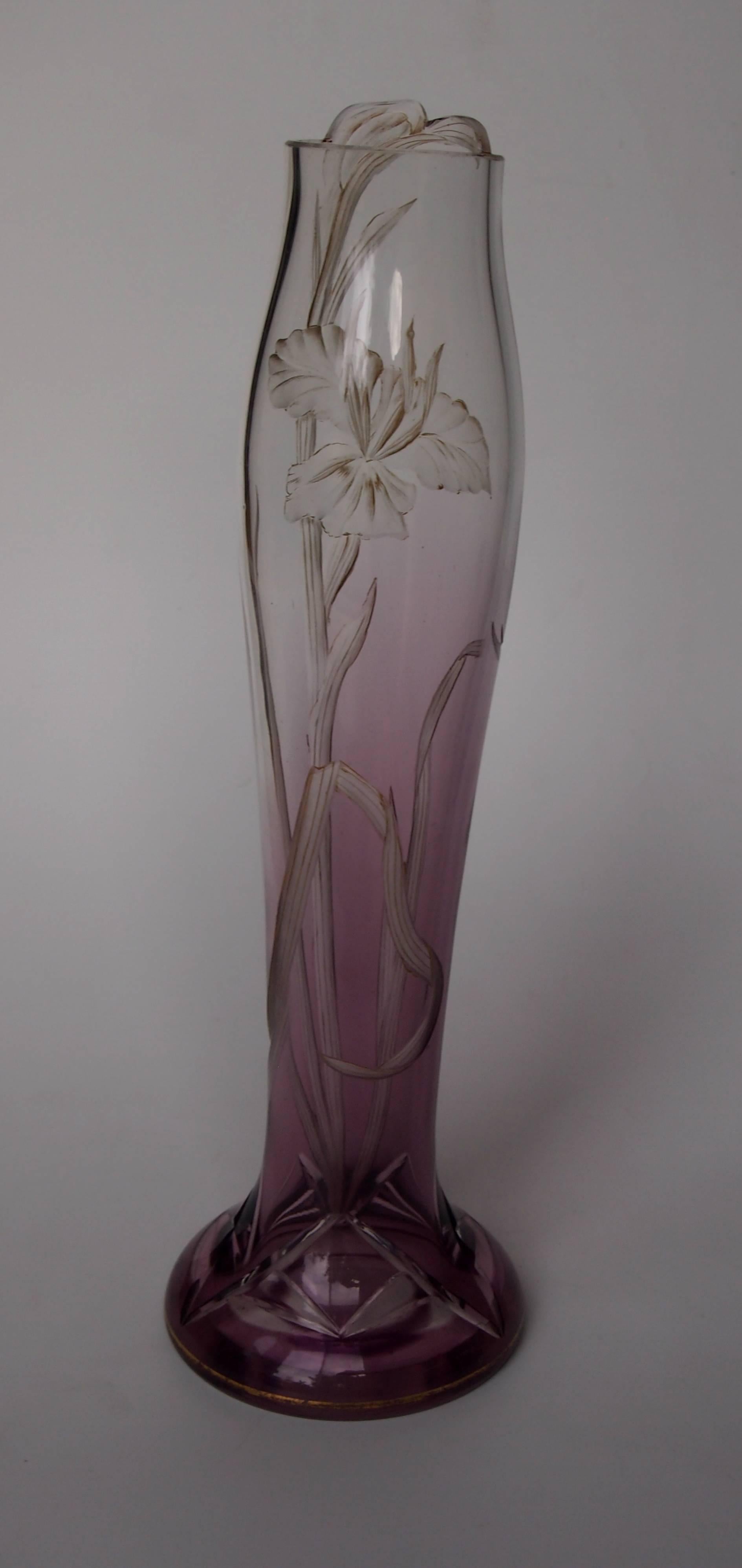 Early 20th Century Bohemian Art Nouveau Harrach Clear to Purple Glass Lily Vase circa 1900 For Sale