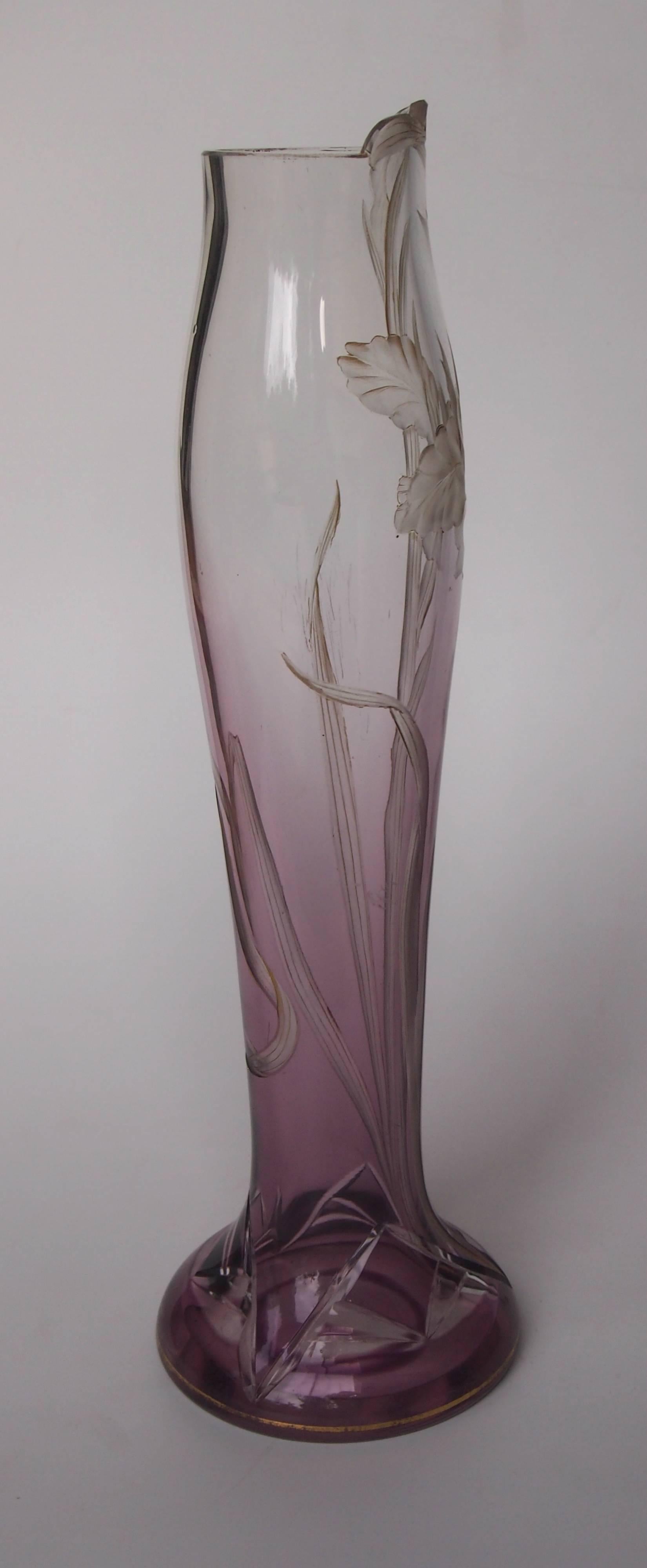 Art Glass Bohemian Art Nouveau Harrach Clear to Purple Glass Lily Vase circa 1900 For Sale
