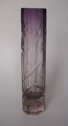 Bohemian Art Nouveau Large Moser Purple to Clear Intaglio Cut Glass Vase c1900