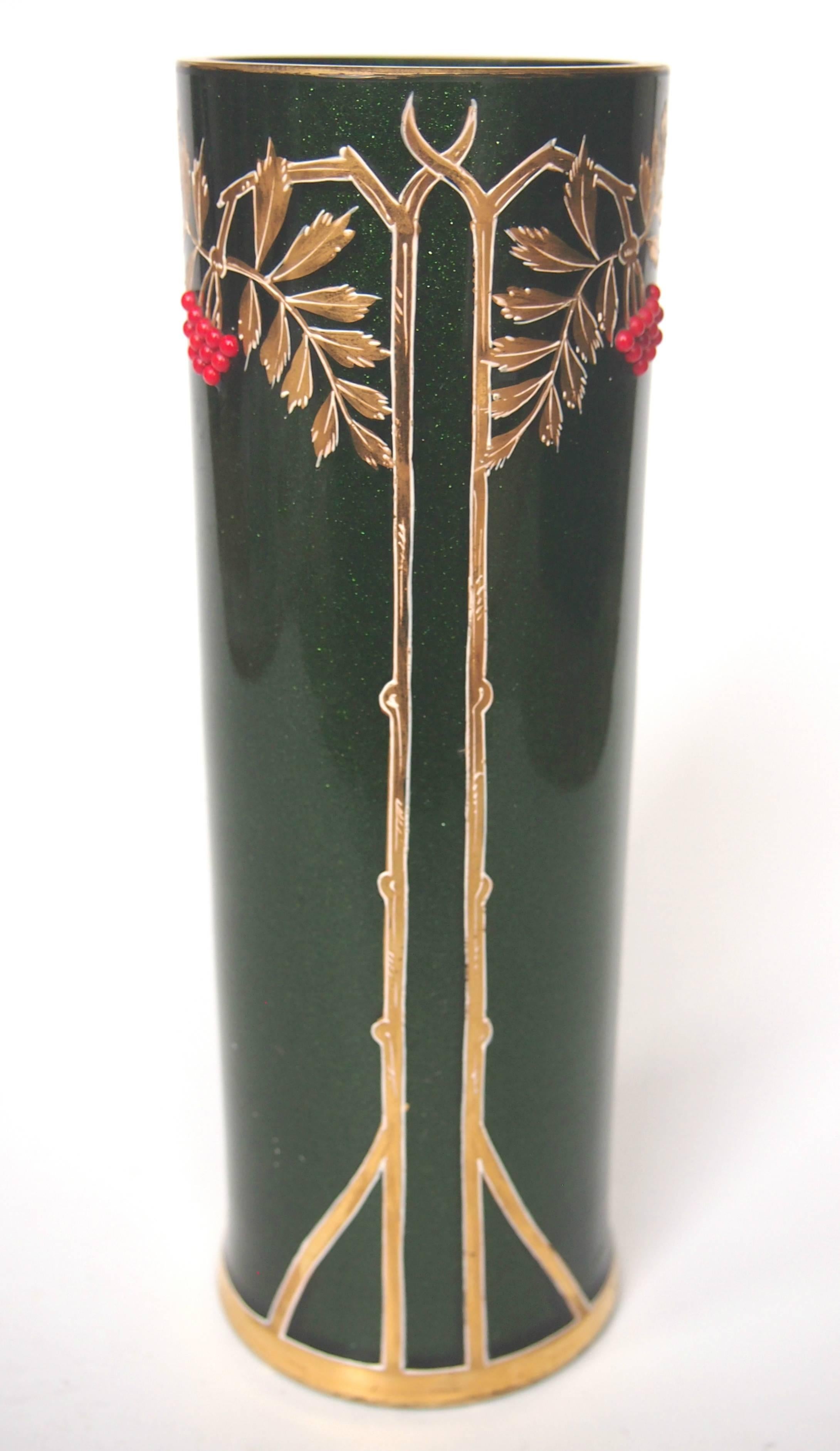Czech Art Nouveau Green Aventurine Riedel Vase with Applied Red Beads